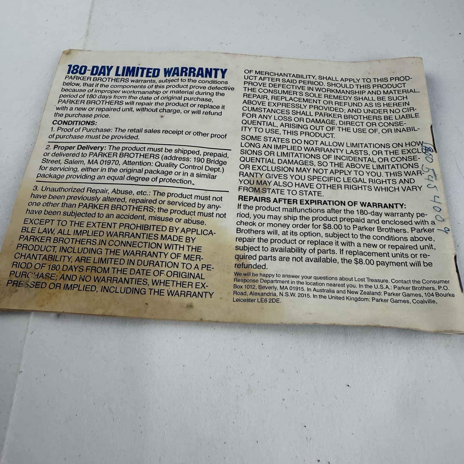 Vintage Lost Treasure Board Game Instruction Manual Booklet ONLY.