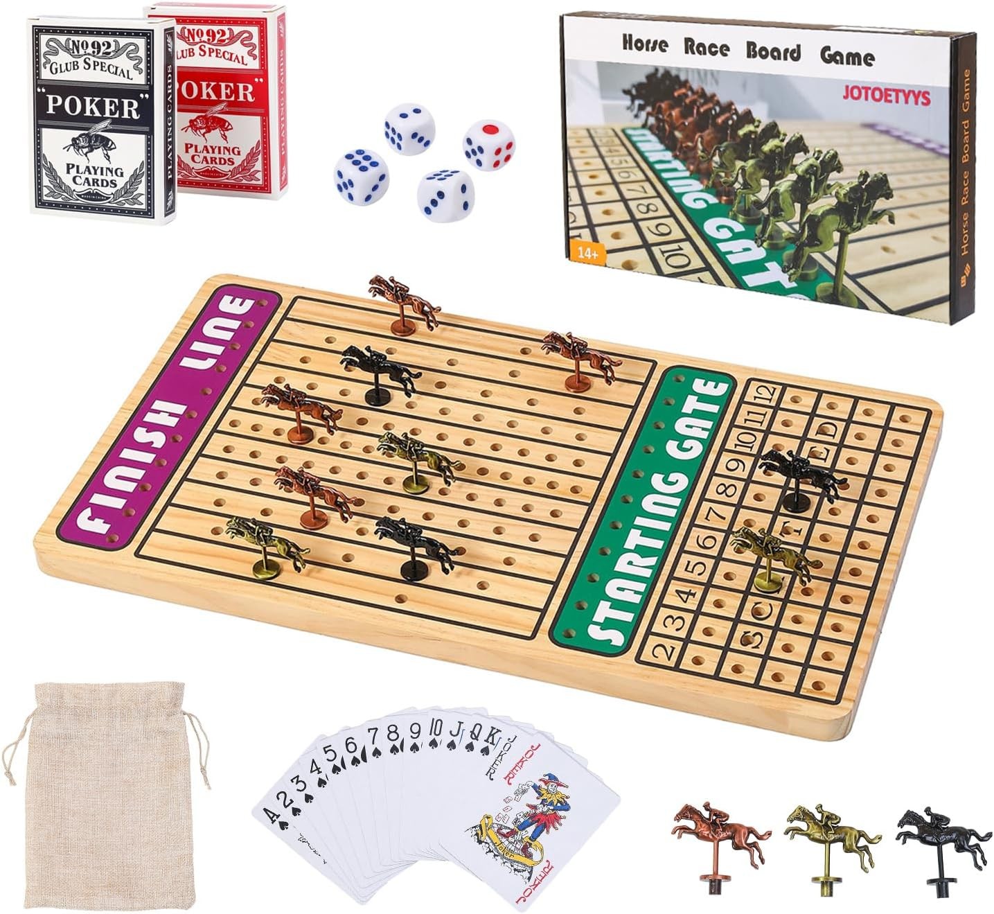 Horse Race Board Game with 11 Luxury Metal Horses, 4 Dice, 2 Card Boxes and Thic