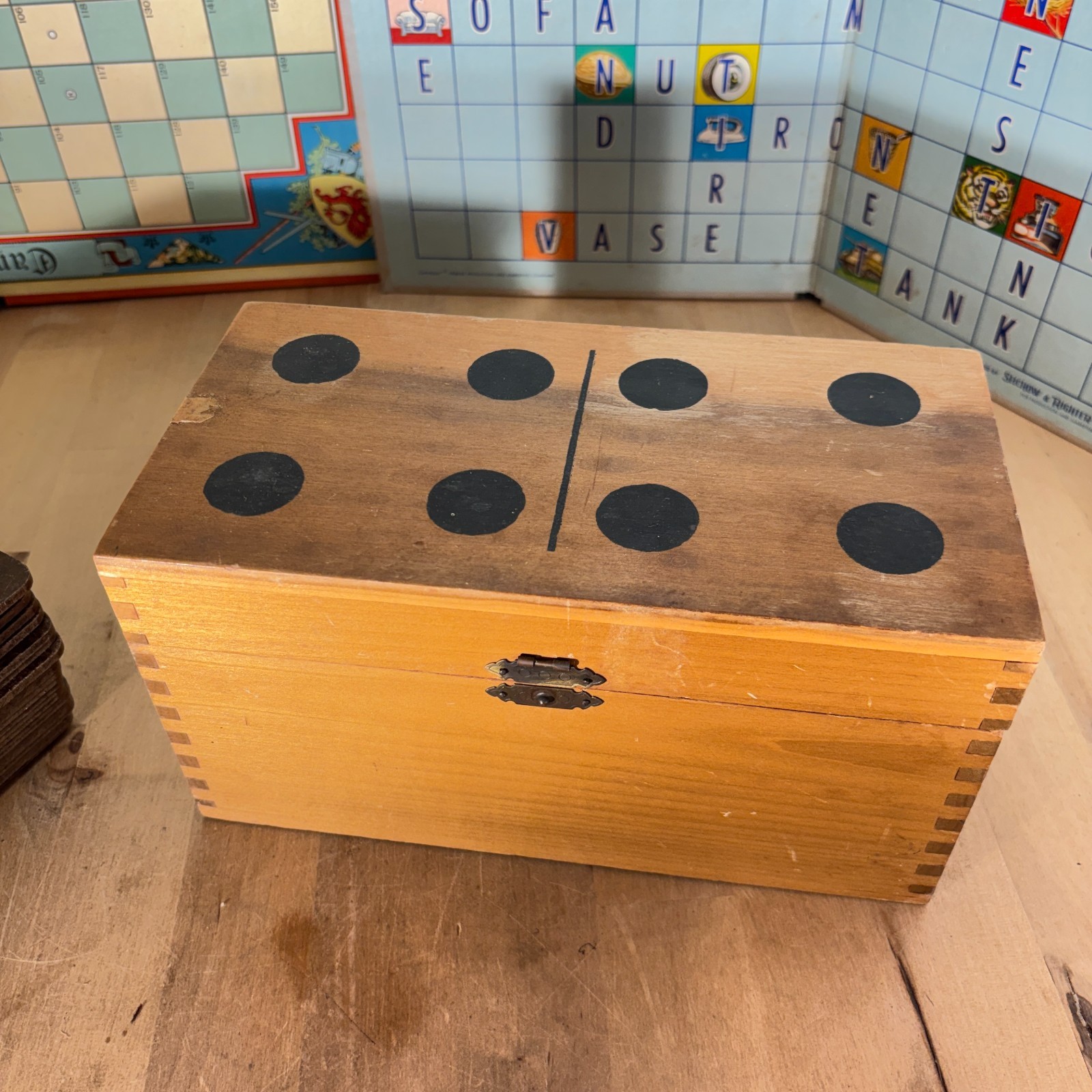 Vtg Creative Playthings Inc Oversized Domino Set in Wood Dovetail Box 28 Dominos