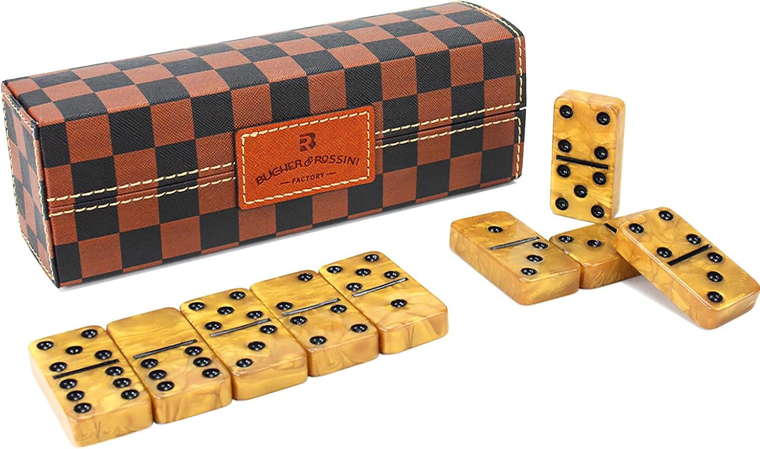 Double 6 Dominoes Set – 28 Marbleized Gold Tiles in Brown Leather Travel Case