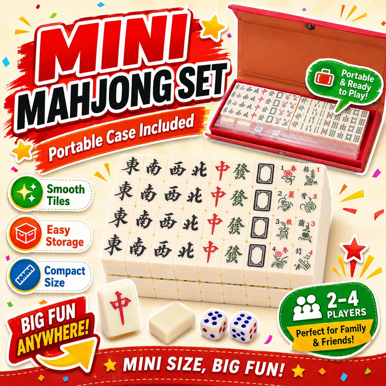 Travel Mini Mahjong Set Pocket Size Tiles w/ Portable Case Dice Family Fun Game!