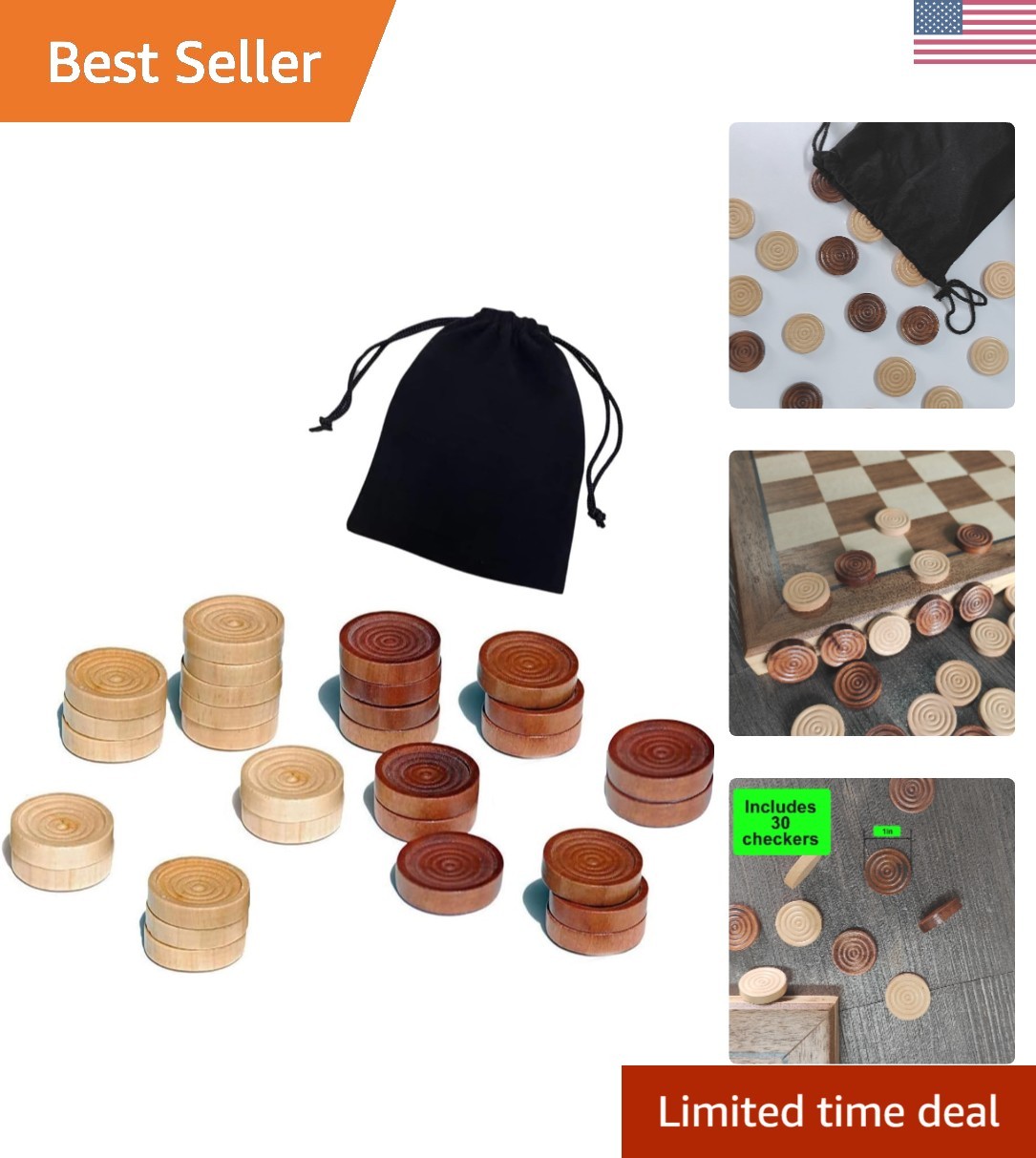 Wooden Checkers & Backgammon Pieces – Dark Brown/Natural 30 Count Set