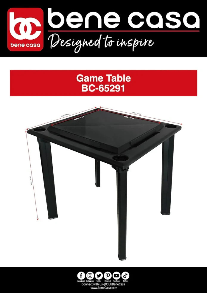 Bene Casa – Black Indoor & Outdoor Domino and Game Table Includes Domino