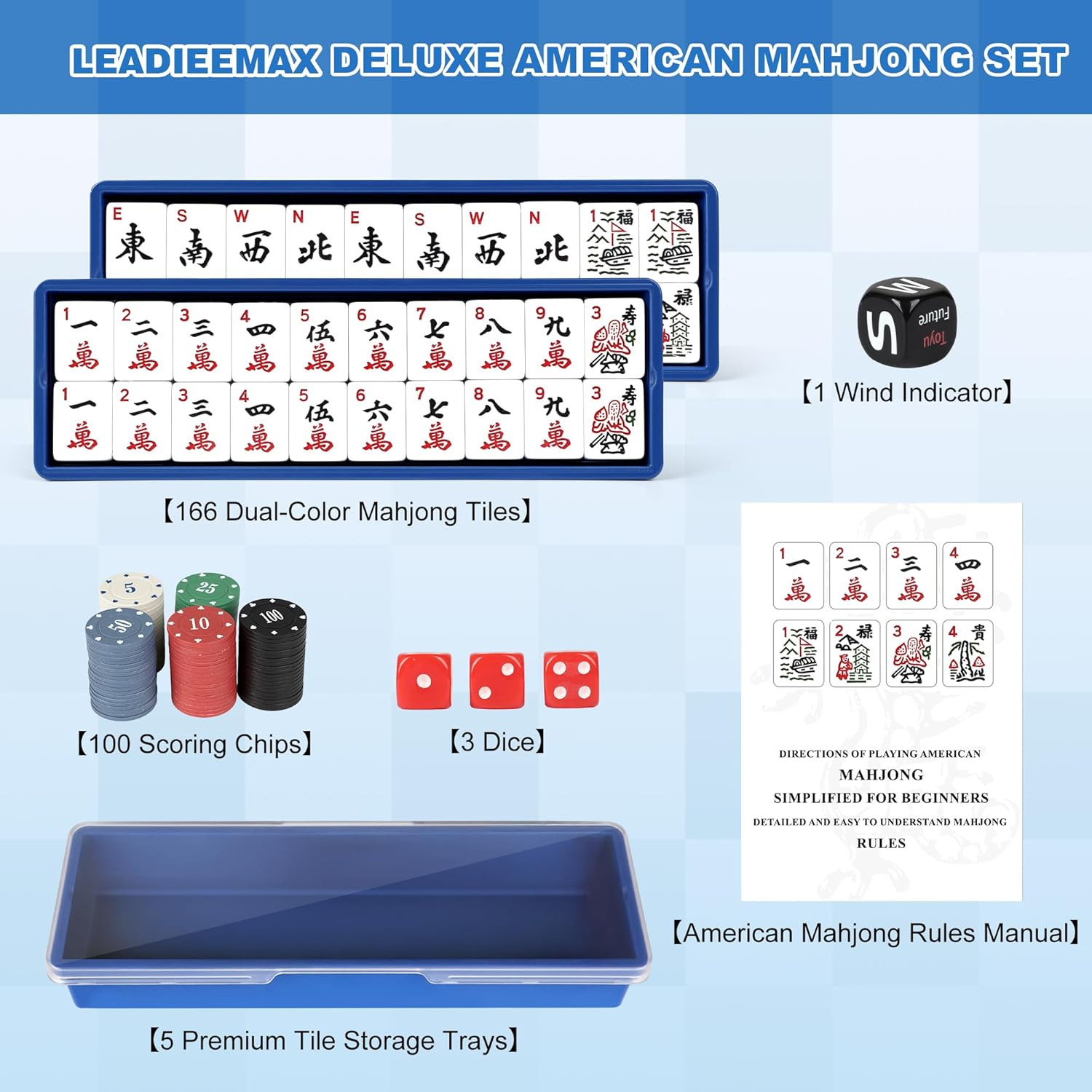 Upgraded American Mahjong Tile Set, 166 Large 1.5″ Deluxe Mahjong Tiles, Mahjong