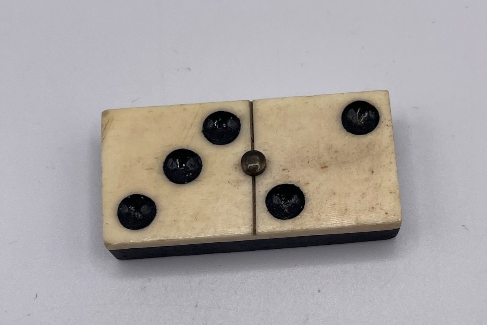 (27) Antique Handmade Bone and Ebony Dominoes Metal Rivet w/ Antique Metal Tin