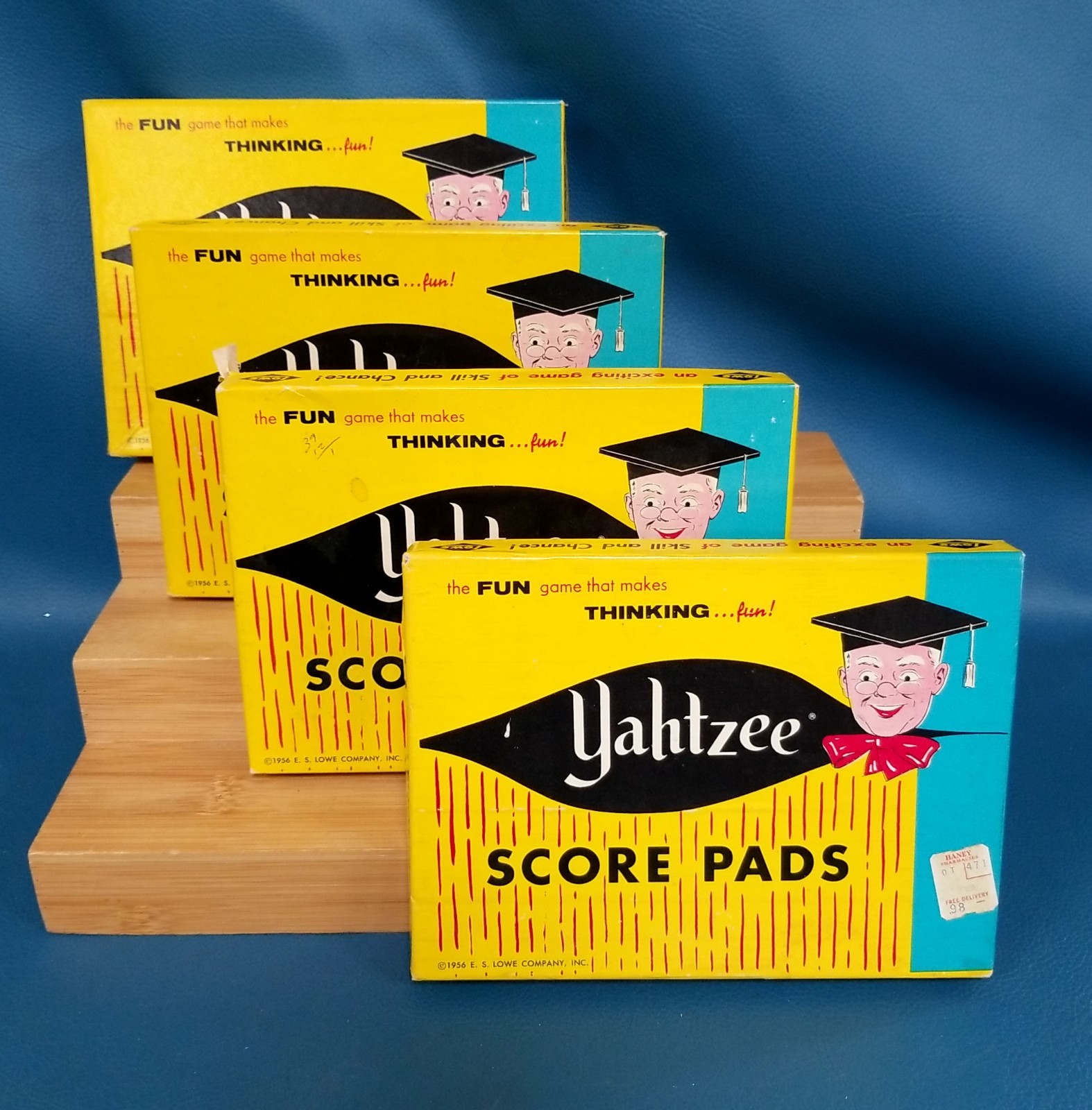 Set of 4 Vintage Yahtzee Boxes w/Score Pads 1956 Graphics Original Boxes