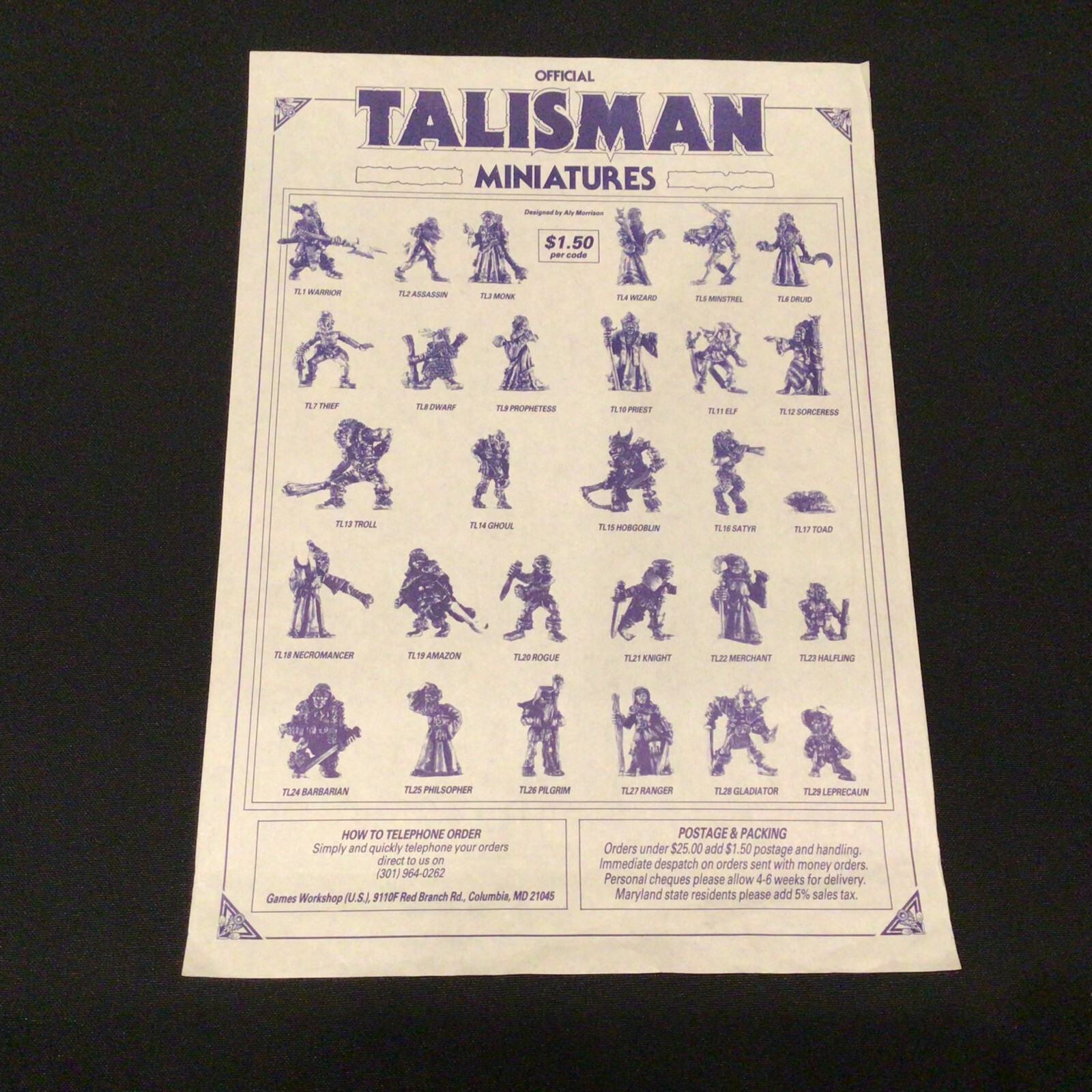 Vintage Talisman Board Game 2nd Edition Official Miniatures Advertisement Sheet