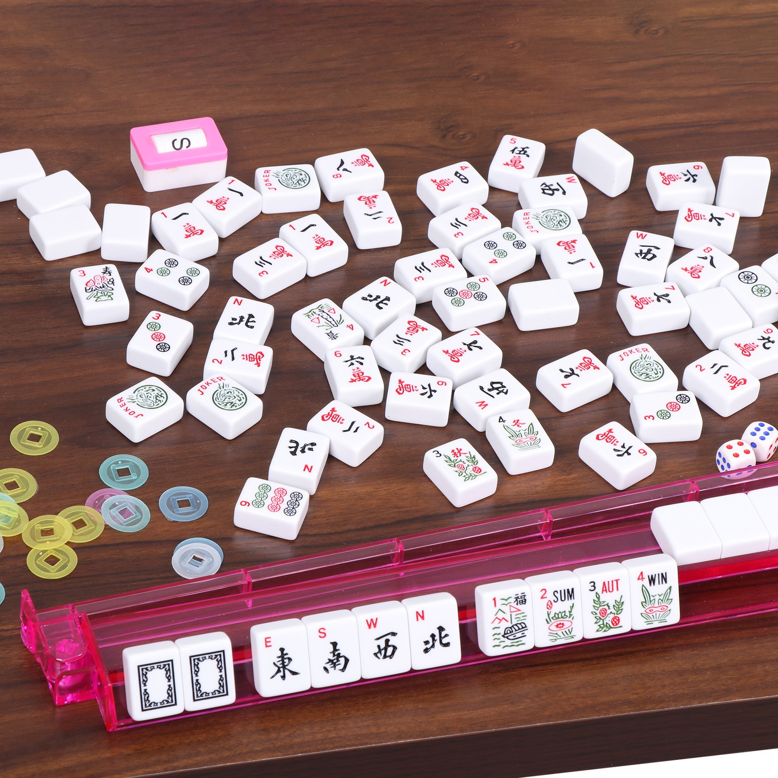 American Mahjong Set 166 Tiles 4 All-in-One Rack/Pushers with Blue Bag Full Size