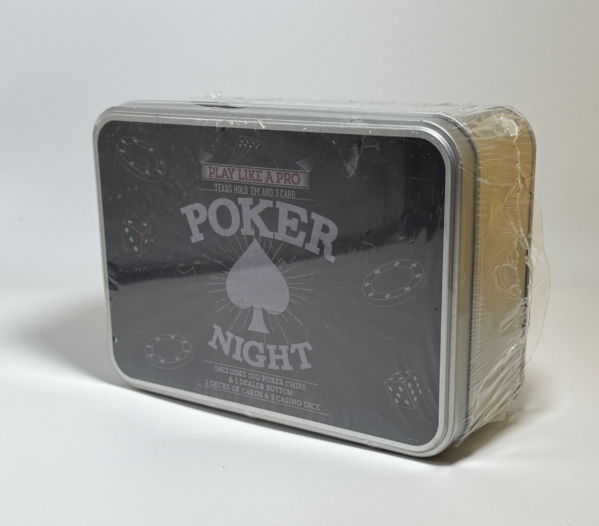 Sealed Poker Night Game Tin – 100 Chips, 2 Decks, Dice, Dealer Button Samsonico