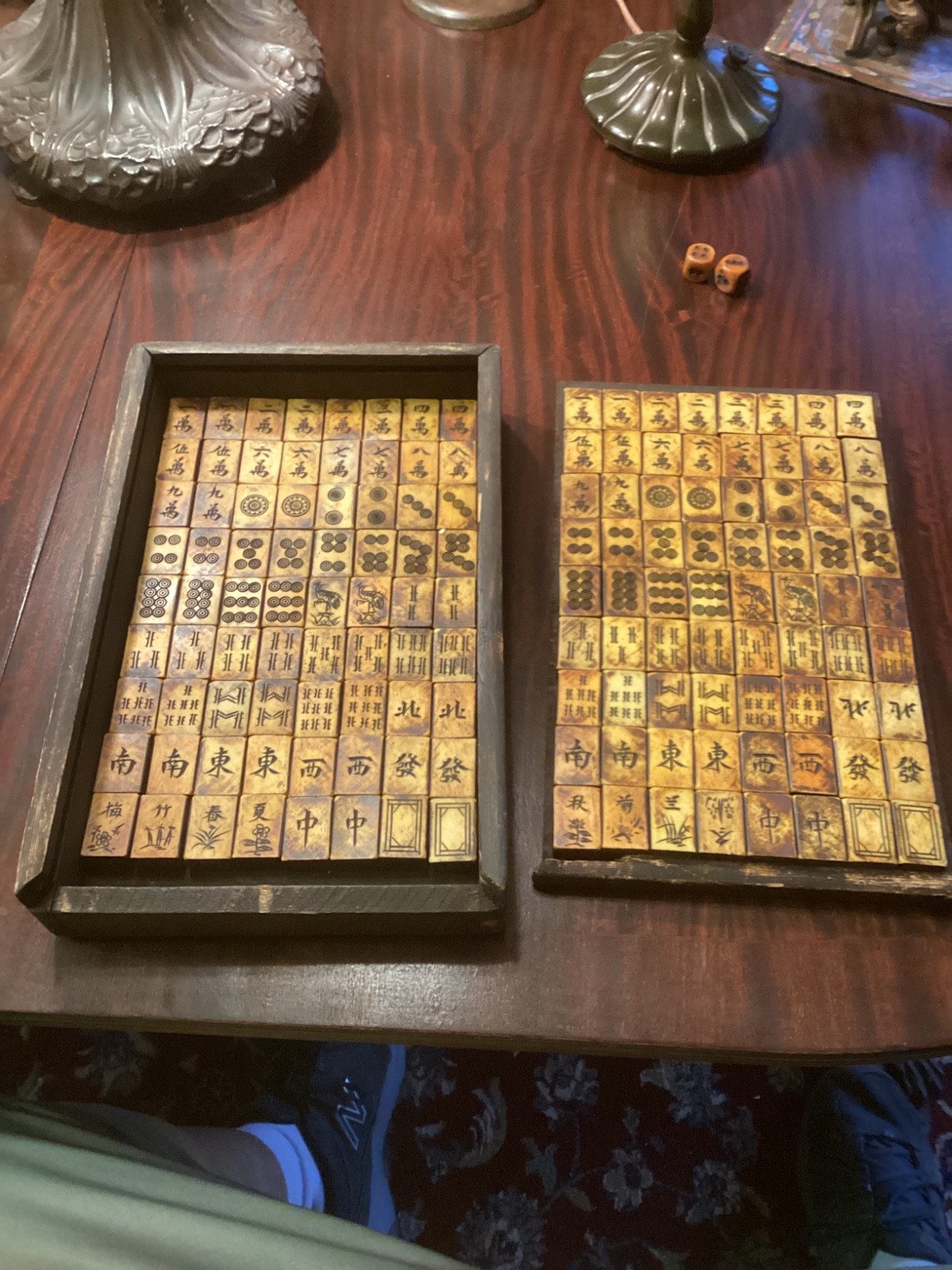 Antique 1920s Folk Art Mah Jong Set Hand Carved Bone & Bomboo Dovetail Pieces