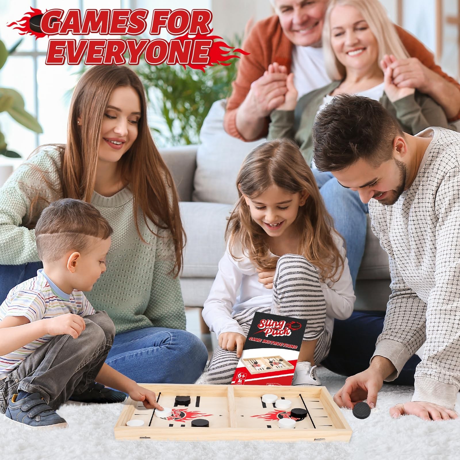 Large Fast Classic Slingshot Puck Game – Wooden Hockey Board for Family Fun, 2 P