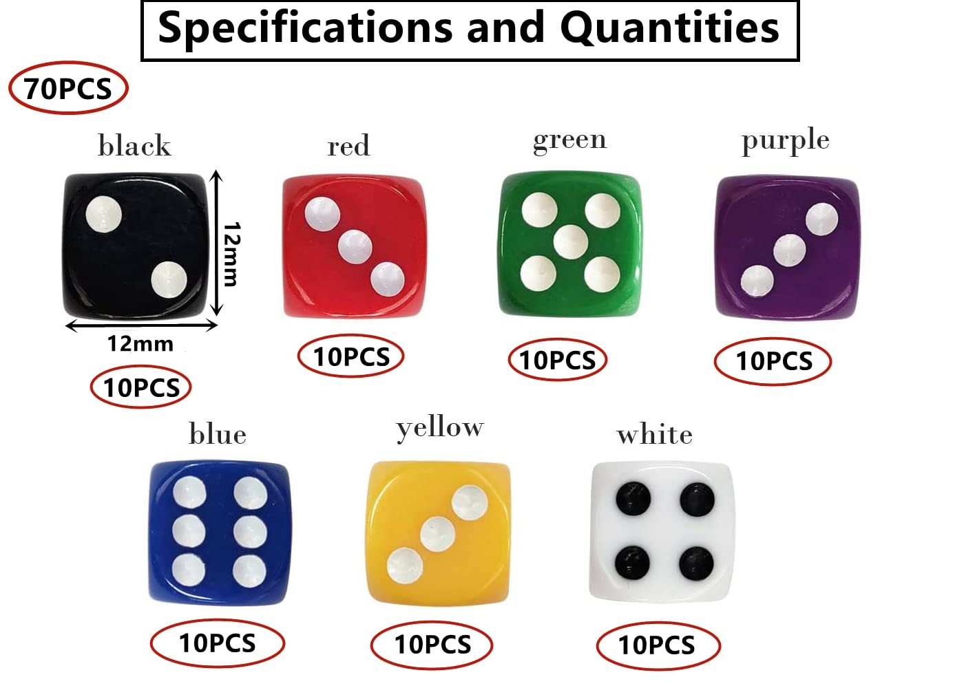 70pcs Dice 12mm Colorful Dice, 6 Sided 7 Colors, Translucent, Colors…