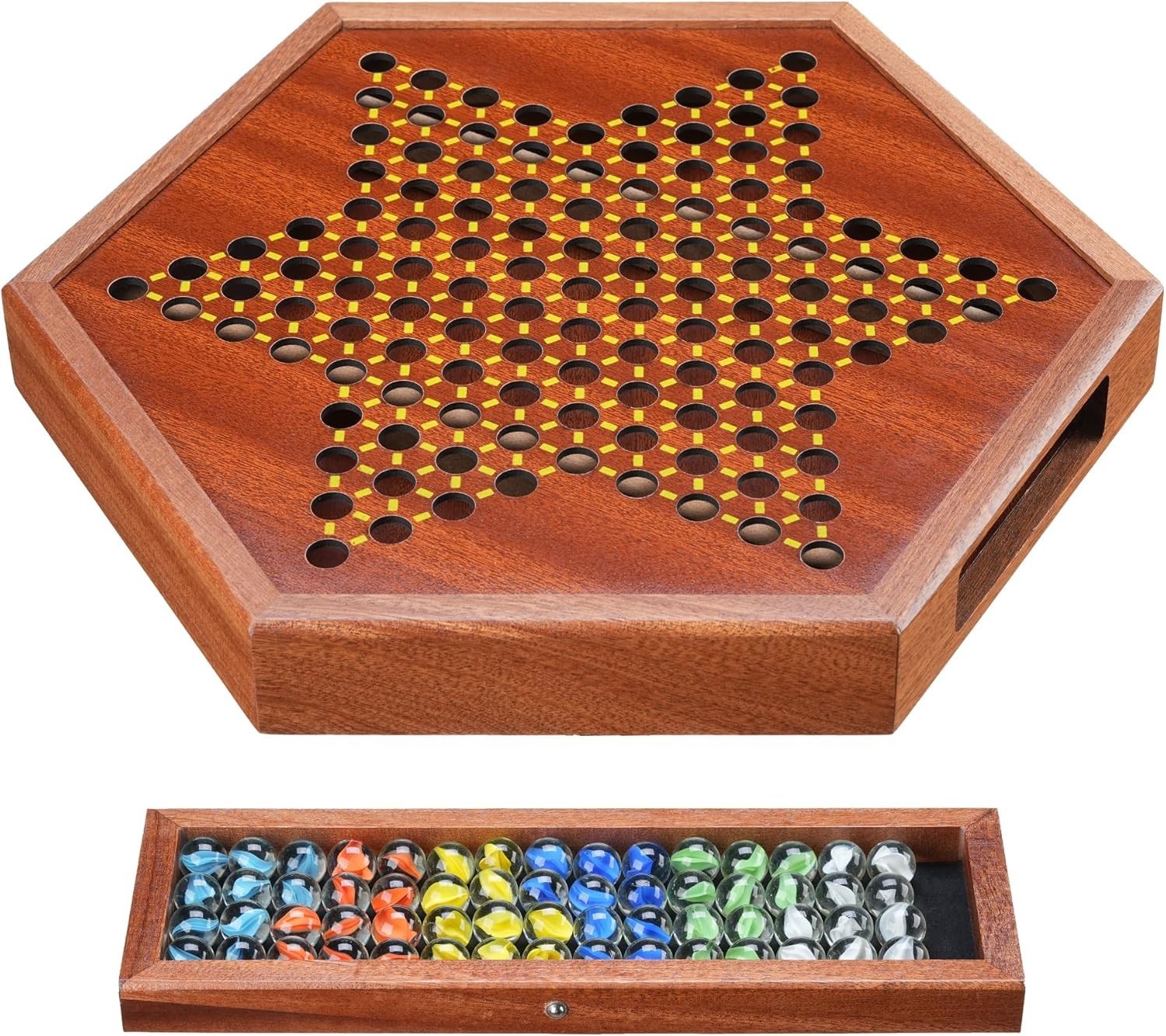 14.2” Chinese Checkers Game Set w/ 72 Glass Marbles + Storage Drawer