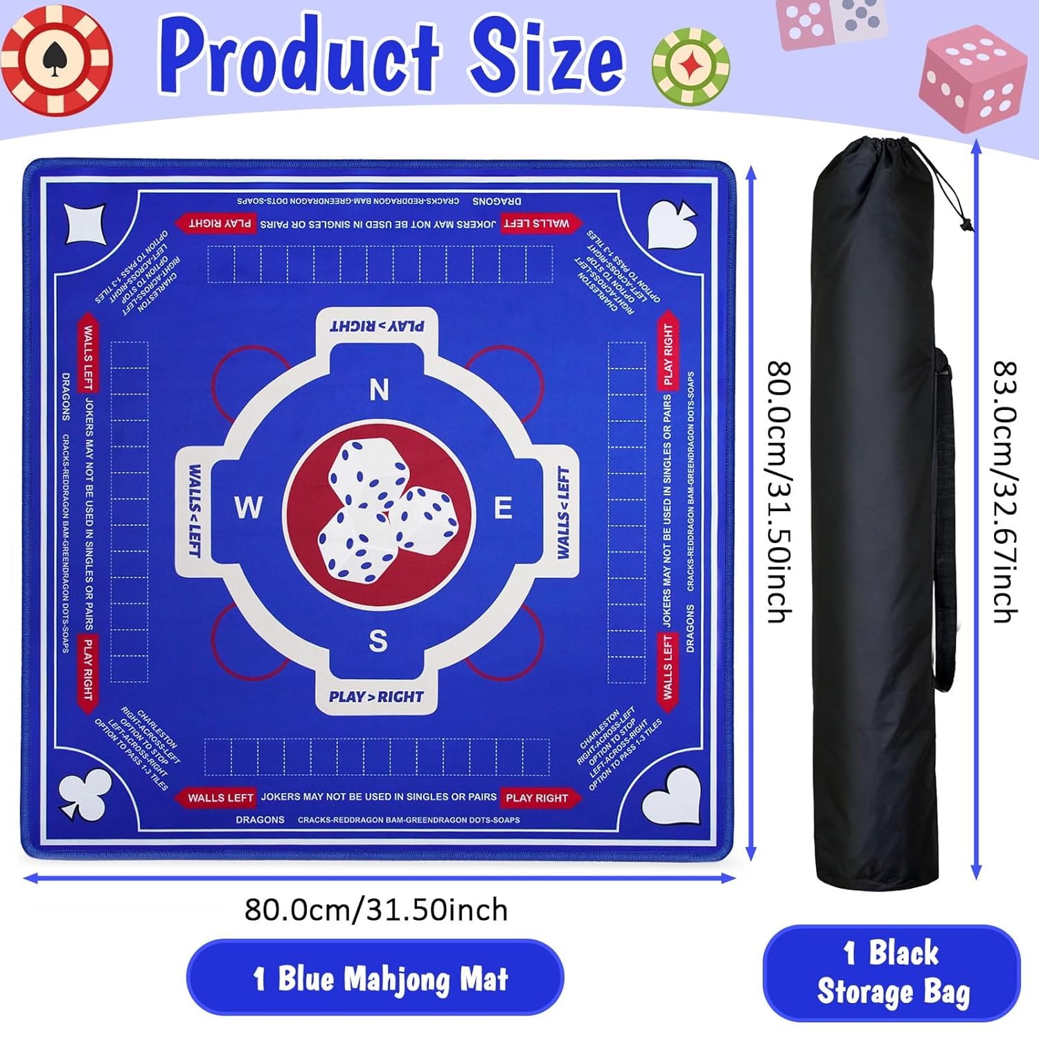 American Mahjong Mat 31.5×31.5 Inch Non-Slip Table Mahjong Game Mat with Rules