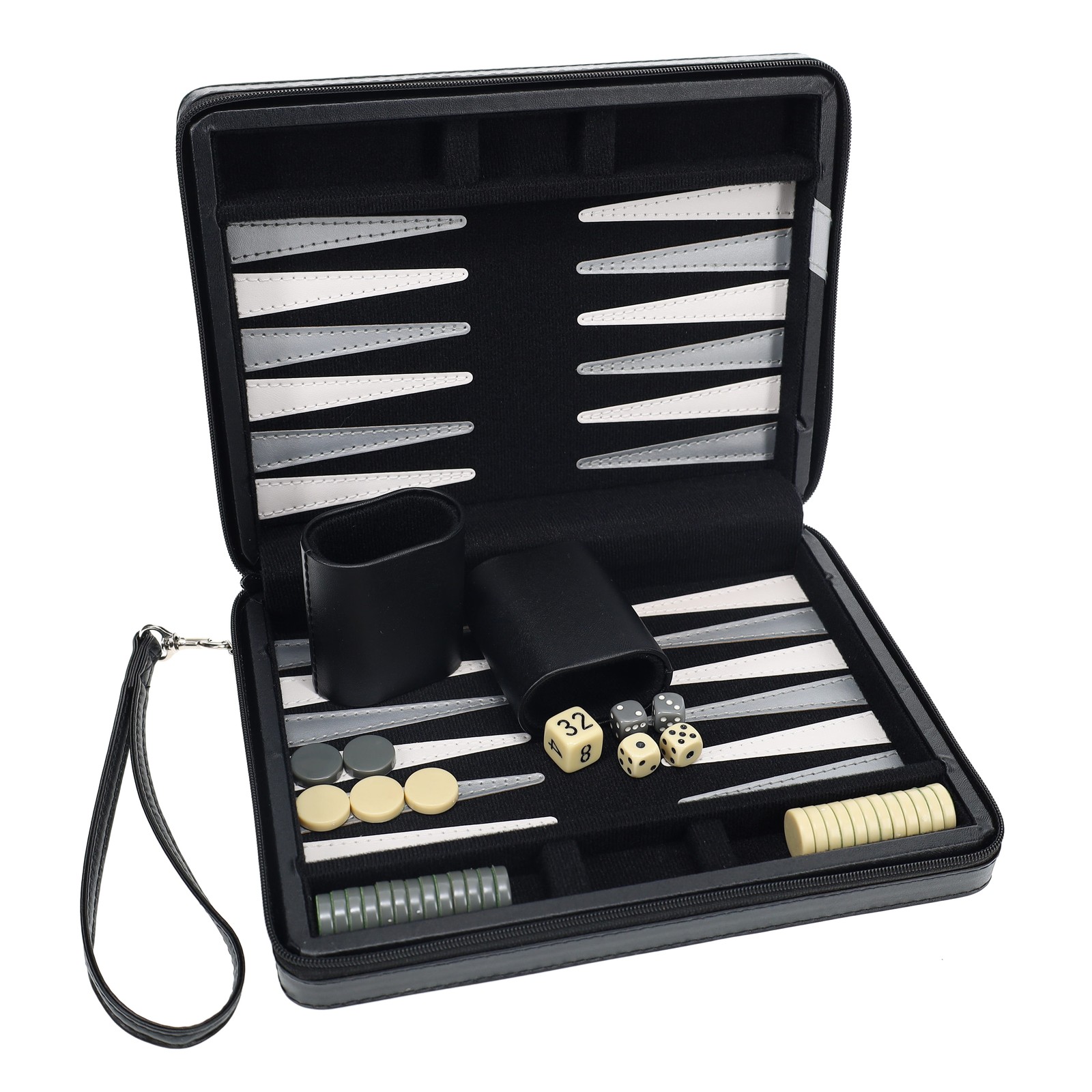 WE Games Travel Magnetic Backgammon Set, Black with Grey Stripe Leatherette Case