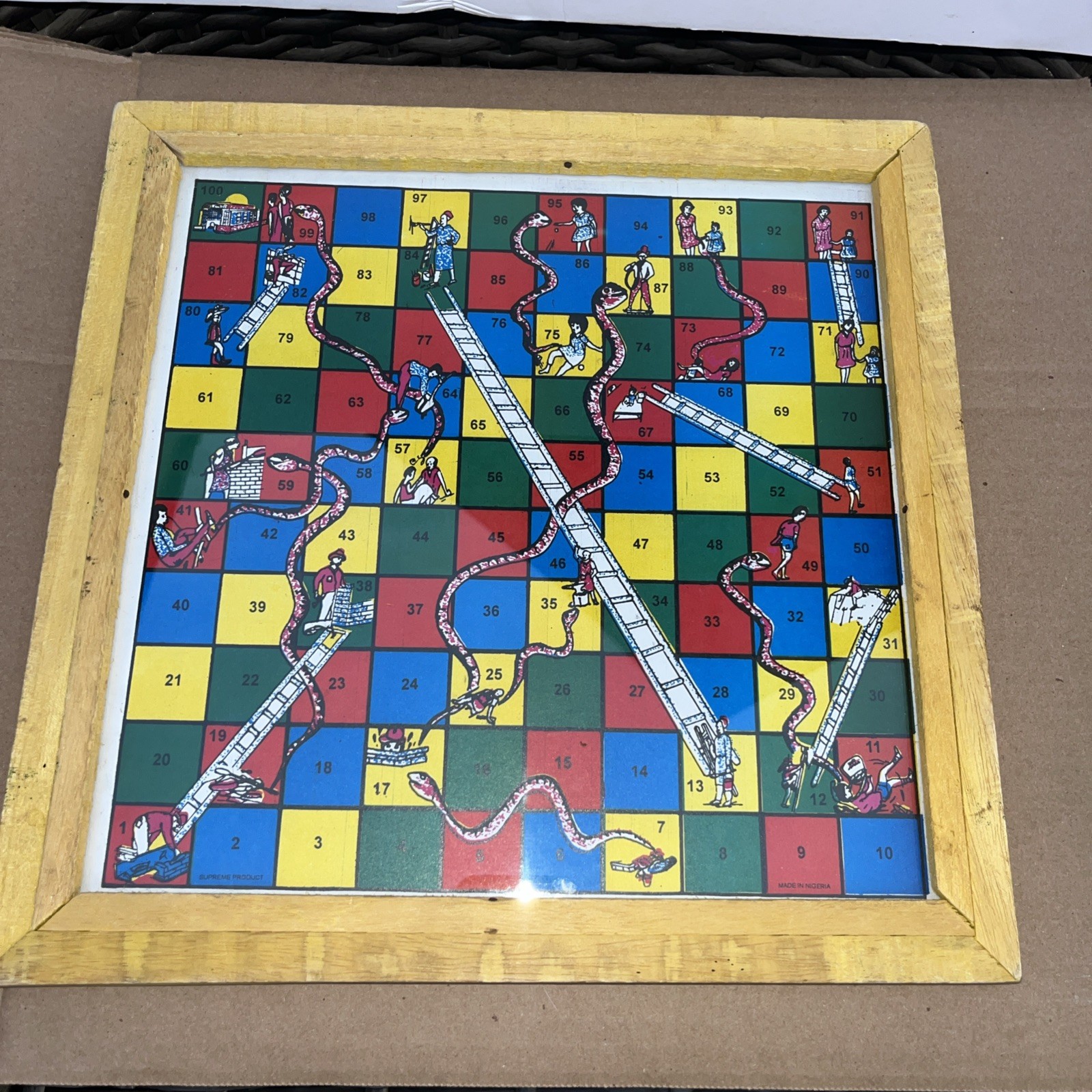 Framed Wooden Snakes Ladders Game Double Sided Soccer Stars BOARD Only 13 In Sq