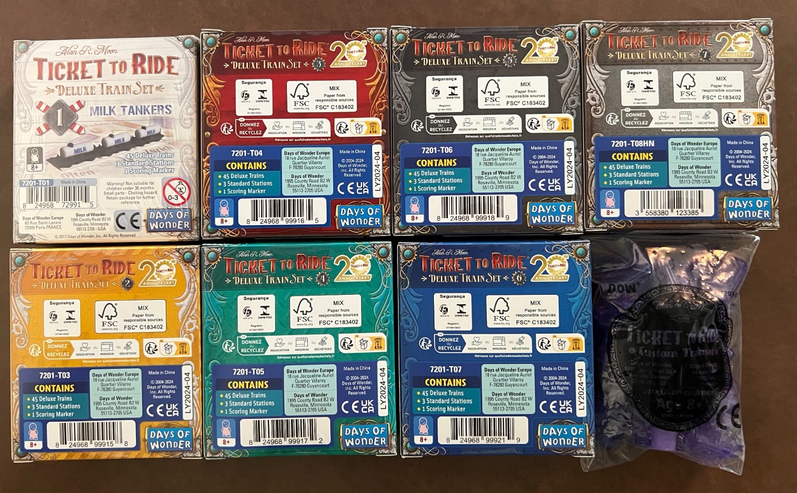 All 7 Ticket to Ride Deluxe 20th Anniversary Train Sets 1-7 + Purple Set + Ship!