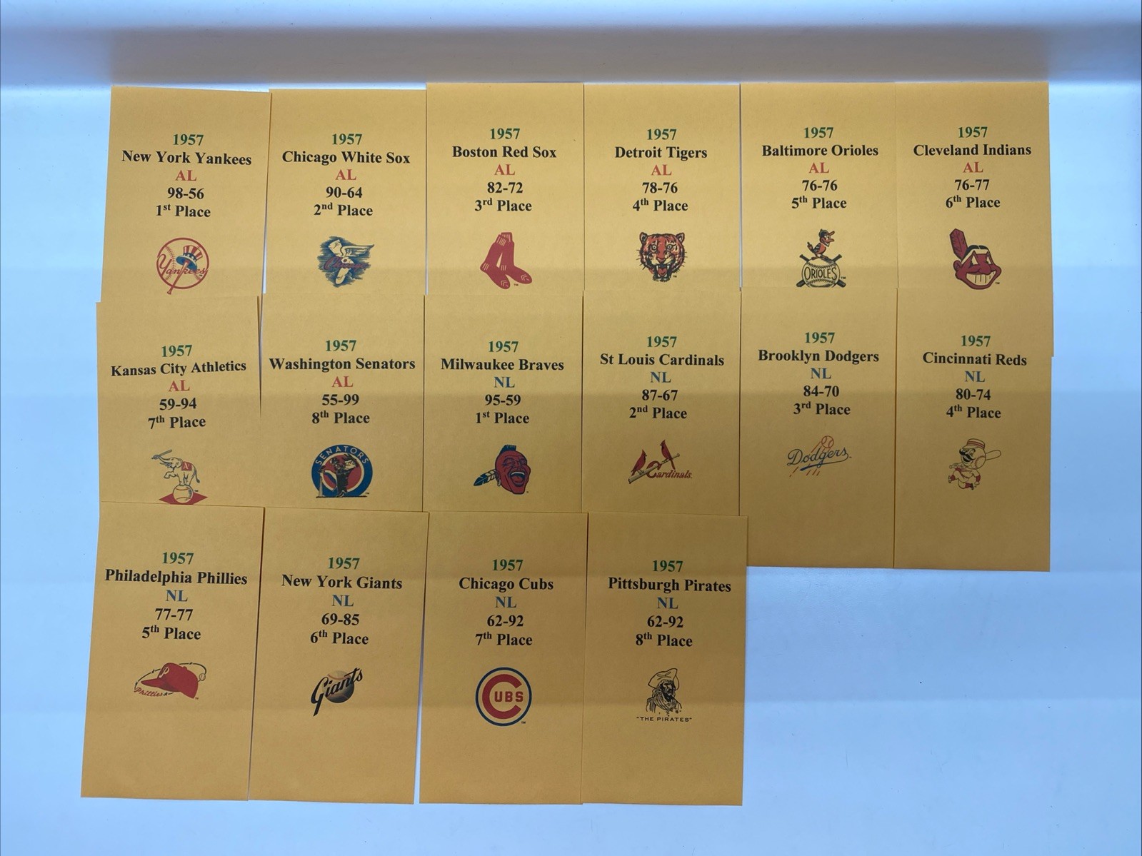 1957 APBA Baseball Printed Storage Envelopes with Stats and Team Logo