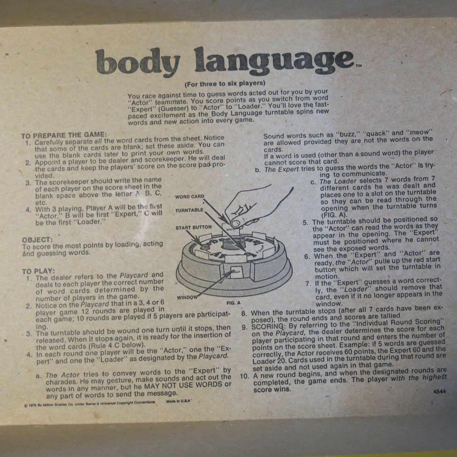 Body Language Milton Bradley Board Game 3-6 Players Ages 9+ 1975 Plastic