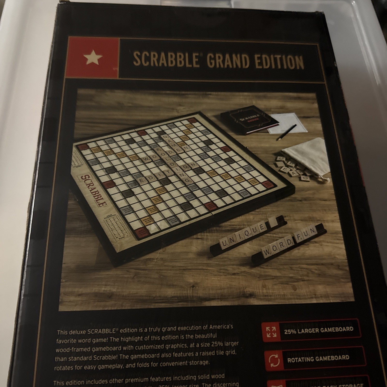 New SCRABBLE Grand Edition -25% Larger, Wooden, Folding, Rotates WS GAME COMPANY