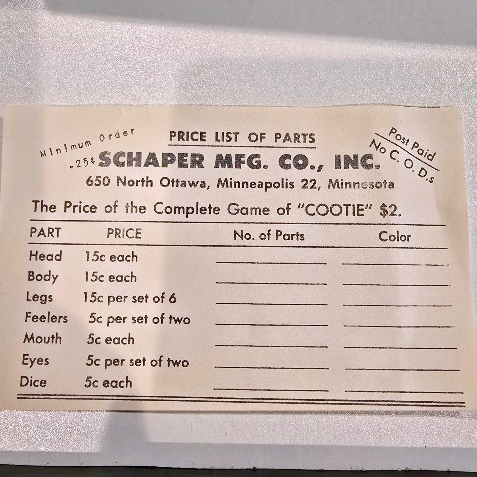 VTG 1950s Schaper Deluxe 6 Cootie Game Parts Lot 59pc Order Slip Incomplete