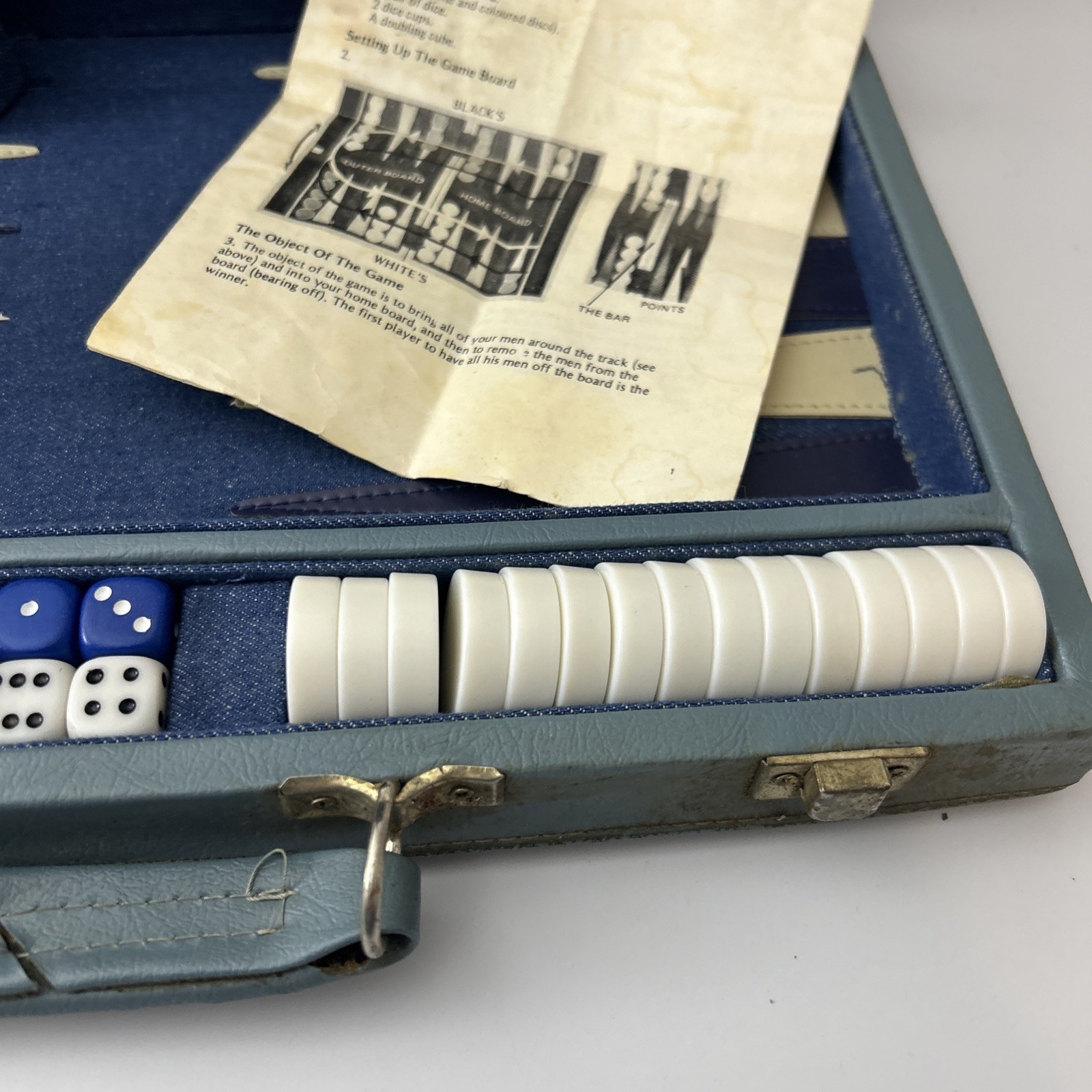 Vintage Backgammon Set Blue Corduroy Case Blue White Bakelite Chips 15” X 20”