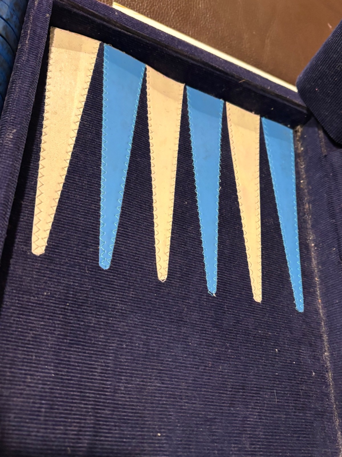 Vintage Backgammon Blue Corduroy Case Blue Black Speck + Cream Checkers