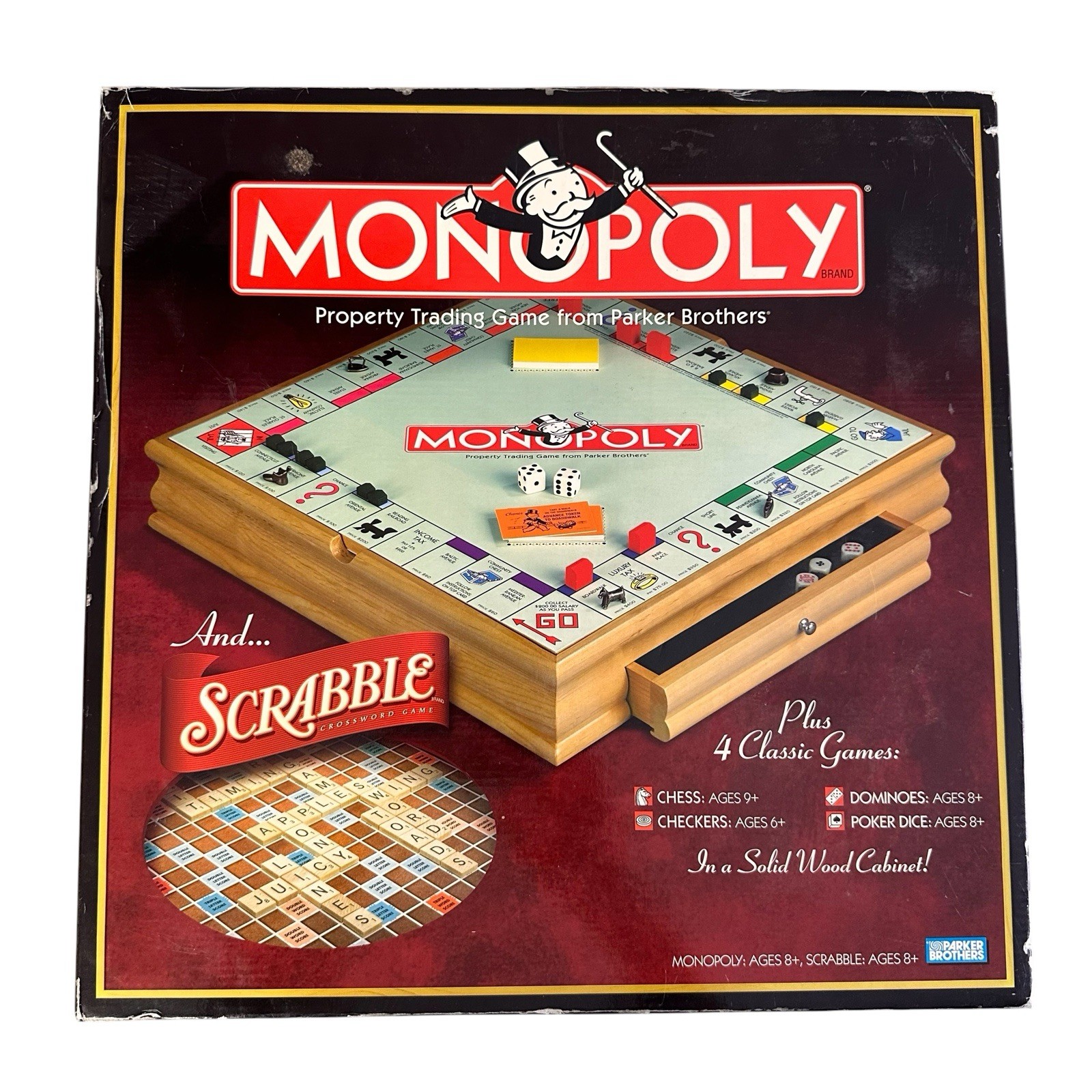 Monopoly Scrabble and 4 Classic Games Solid Wood Cabinet 2007 Parker Brothers