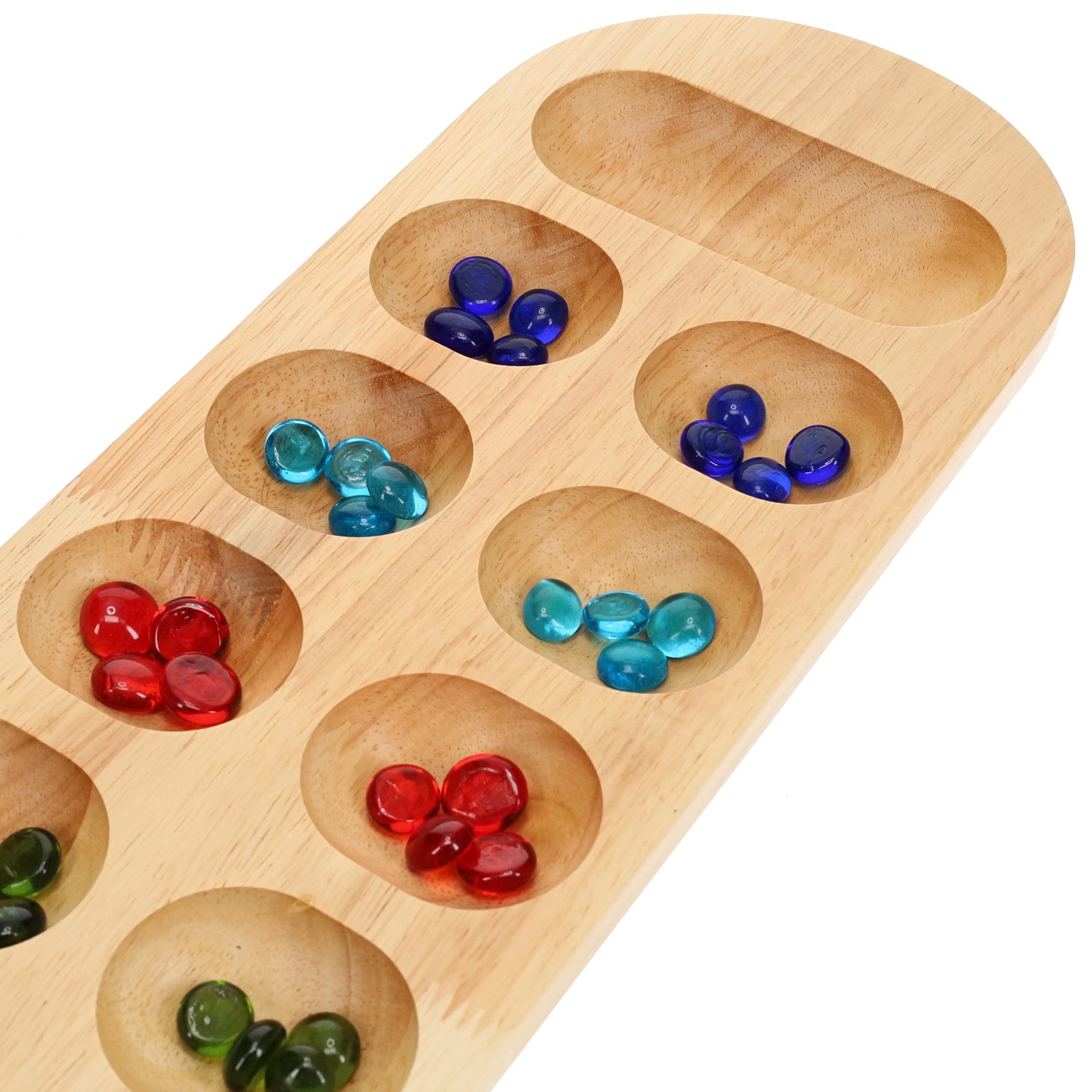 WE Games Mancala Board Game – 22 in., Solid Natural Wood Board and Glass Stones