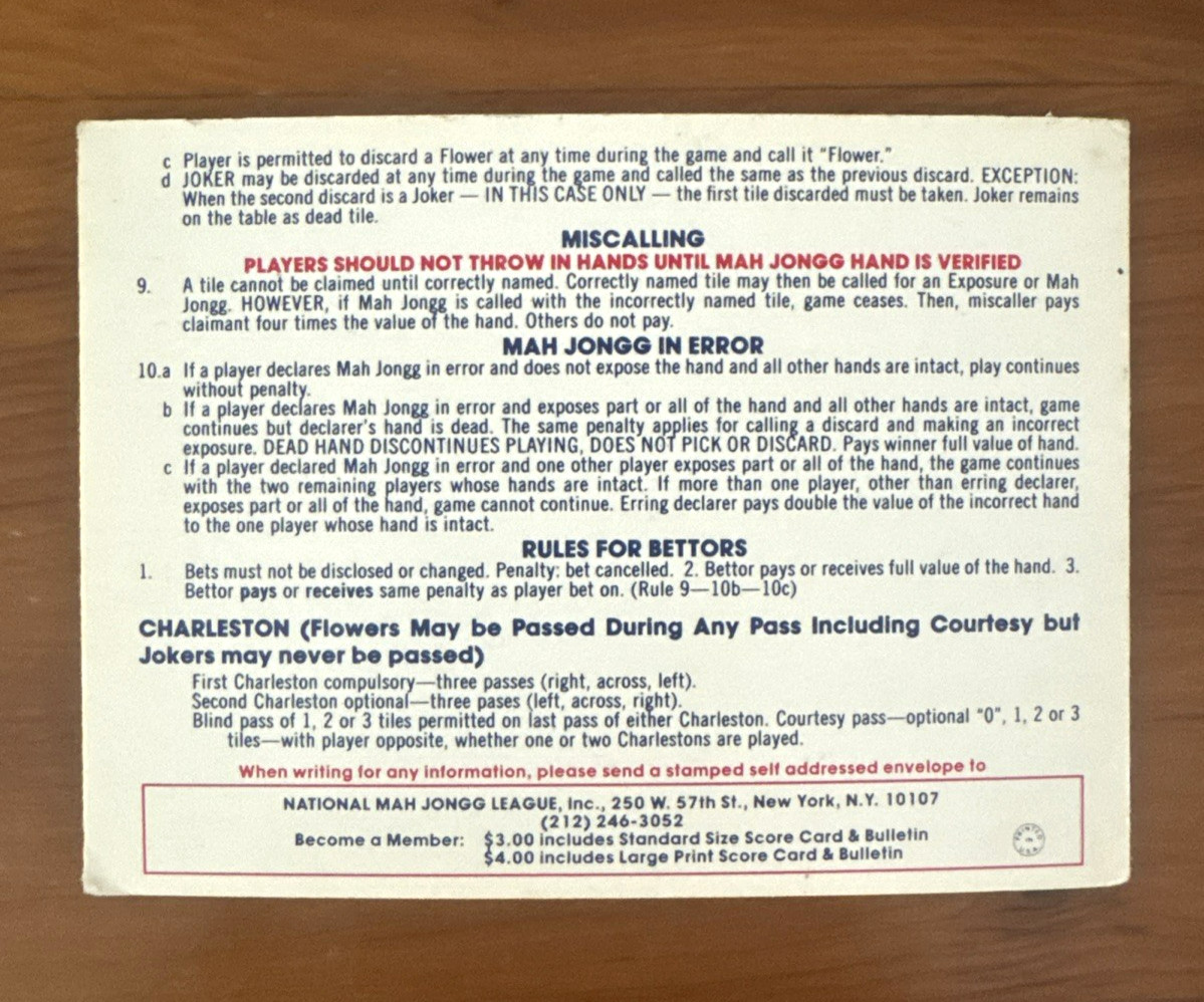 1988-89 National Mah Jongg League Official Hands & Rules Card 51st Year