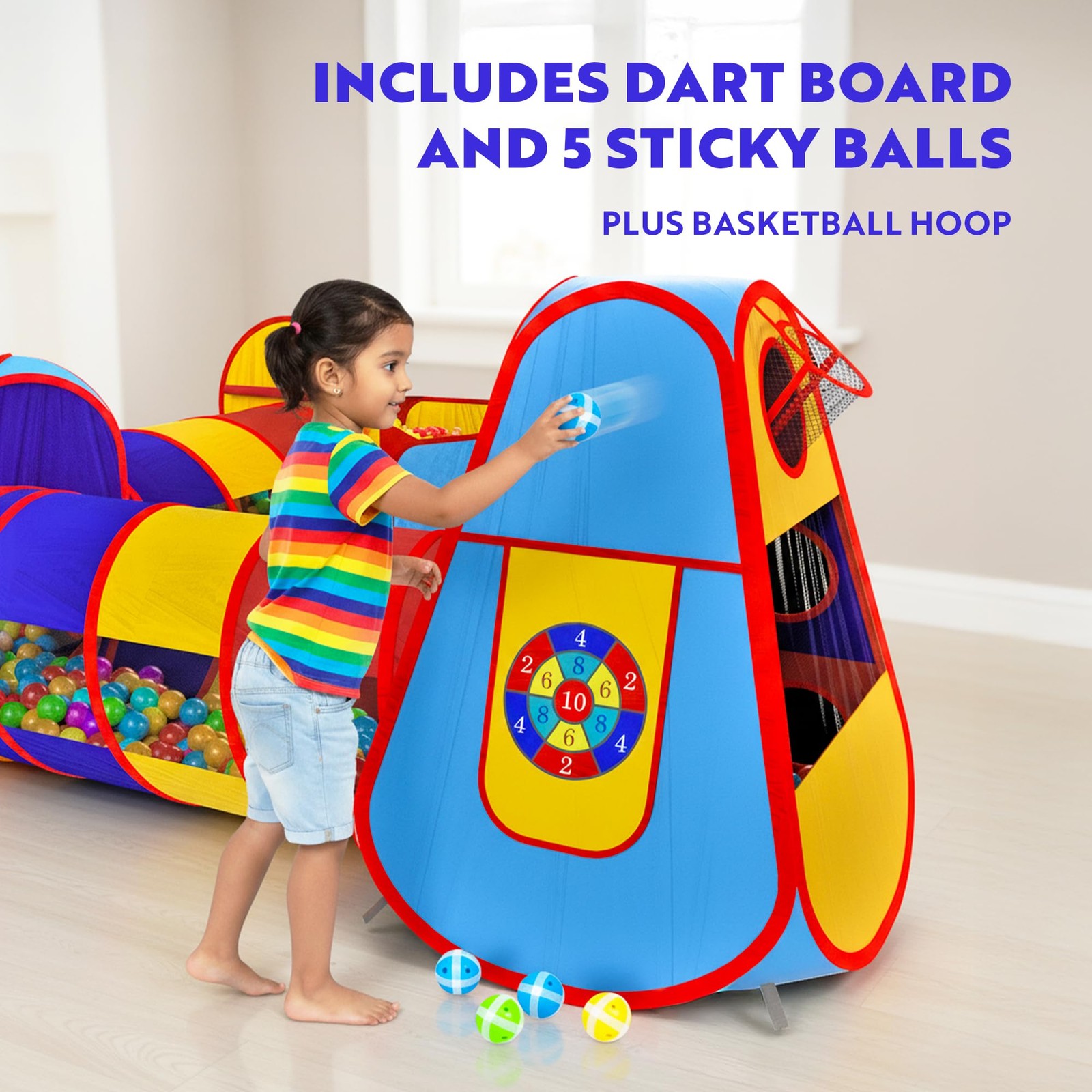 Play Tent 5pc Kids Pop Up Ball Pit Basketball Hoop Crawling Tubes Playz Tents