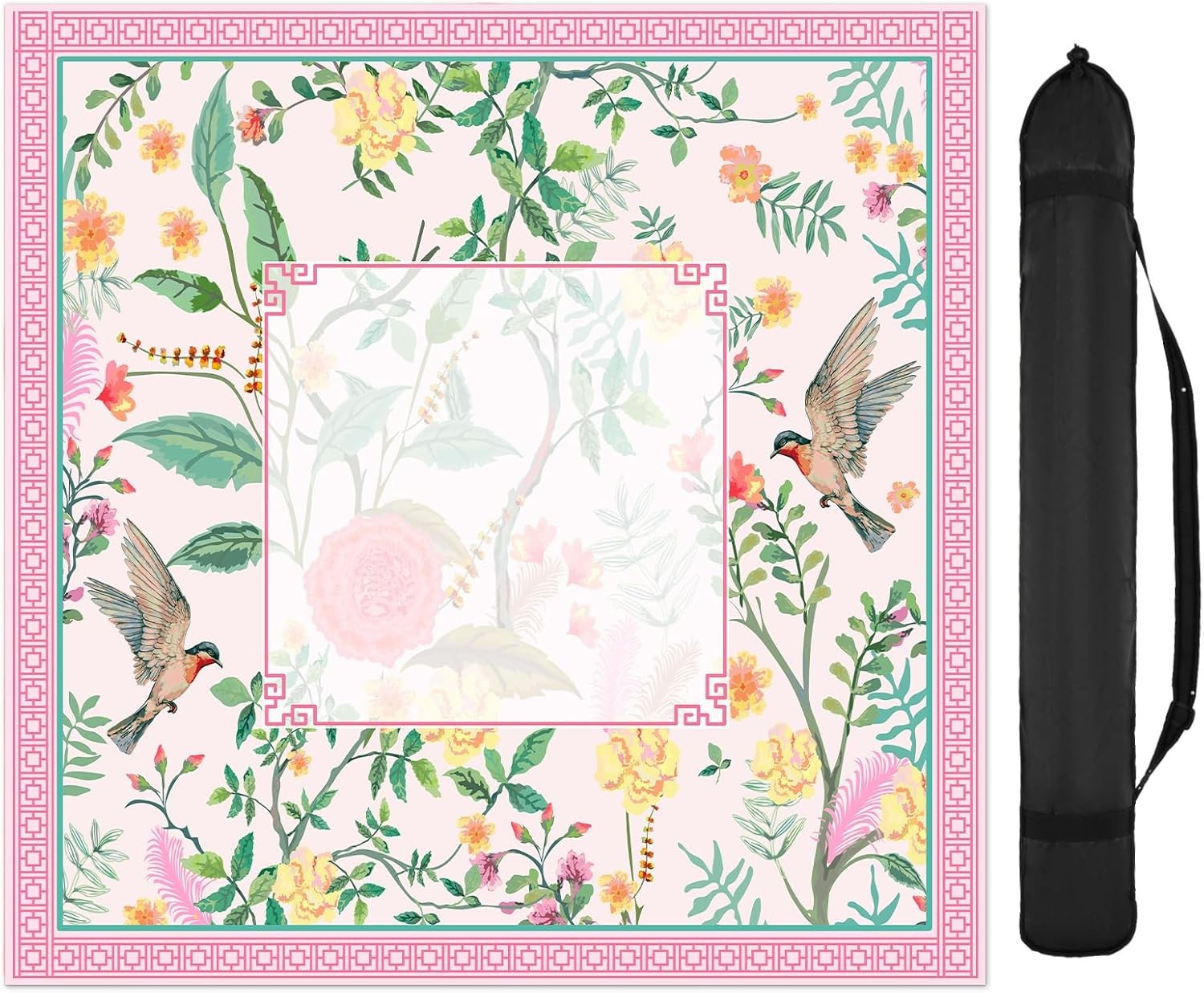 FYSUIMUC Pink Bird Floral Mahjong Mat W/ Carrying Bag 31.5″ x 31.5″ Table Mat