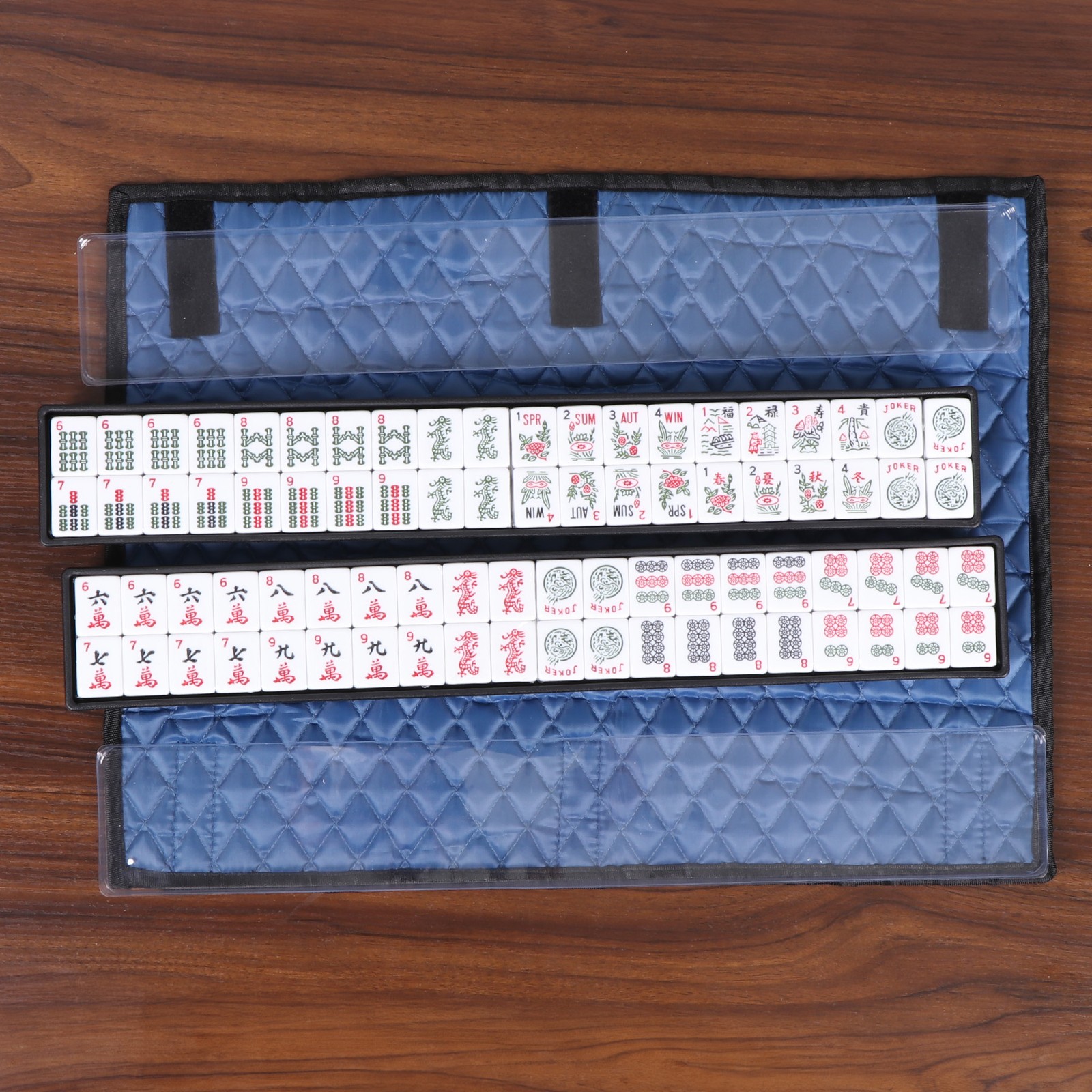 American Mahjong Set 166 Tiles 4 All-in-One Rack/Pushers with Blue Bag Full Size