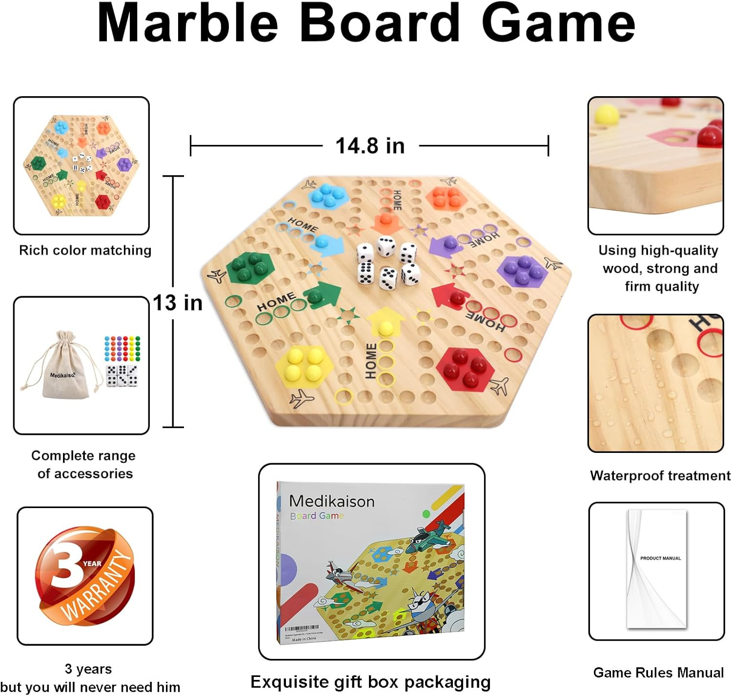 Original Marble Game Wahoo Board Game Double Sided Painted Wooden Fast Track Boa