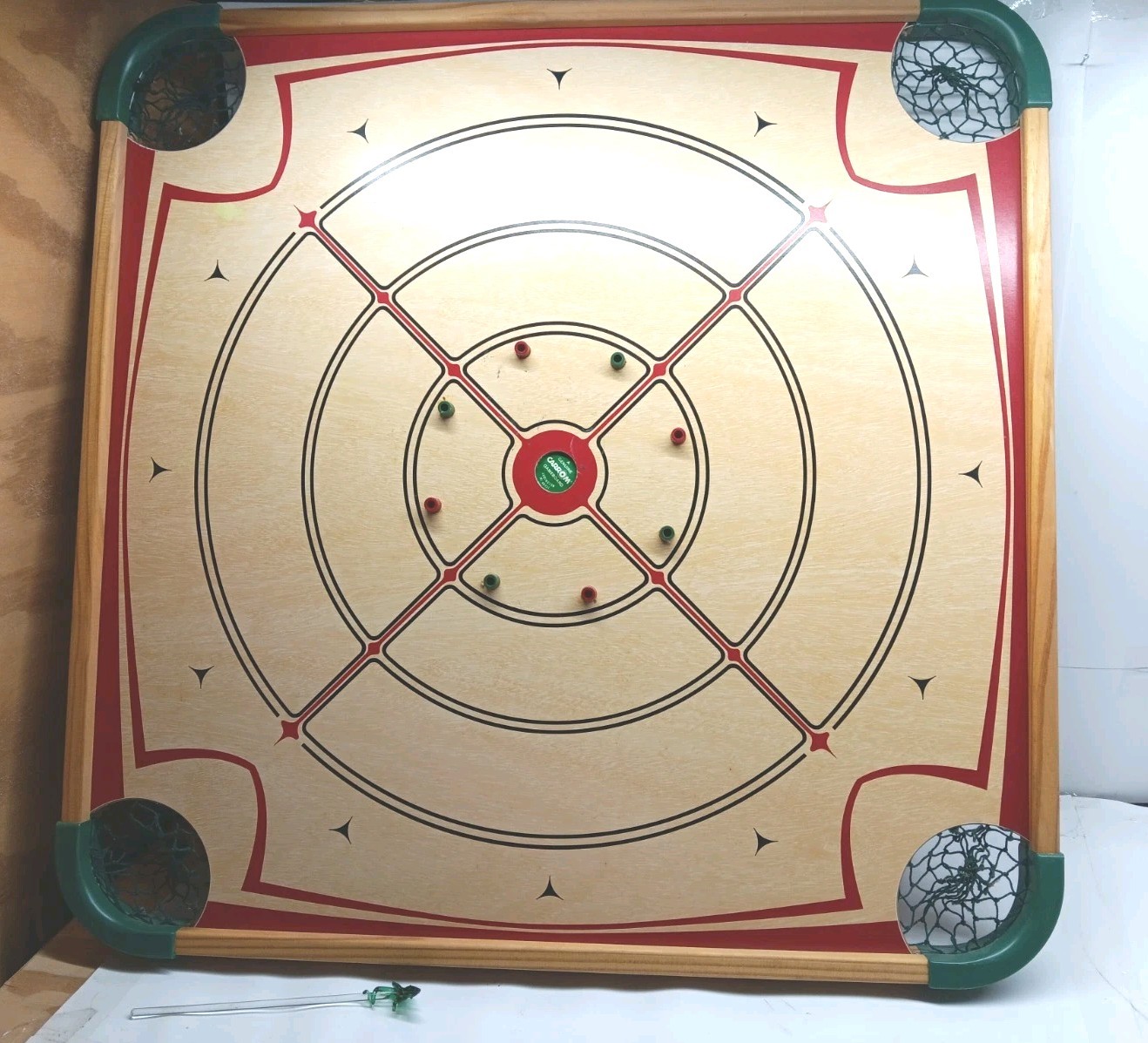 Vintage Carrom Double Sided Board With Pool Cues & Accessories