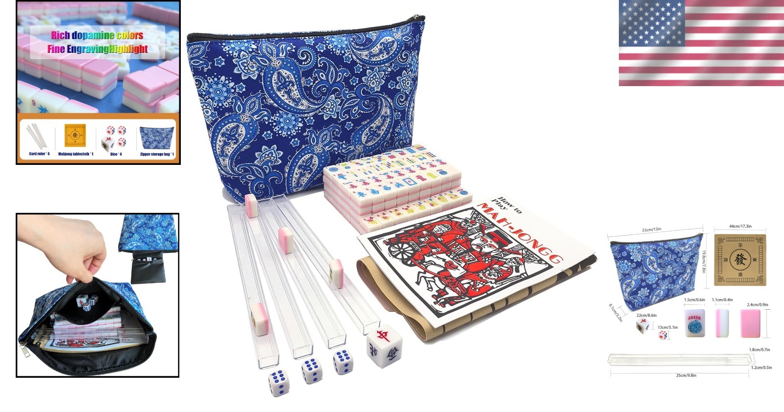 166 Pink American Printed Mahjong Game Set w/ Carrying Bag and Accessories,0….
