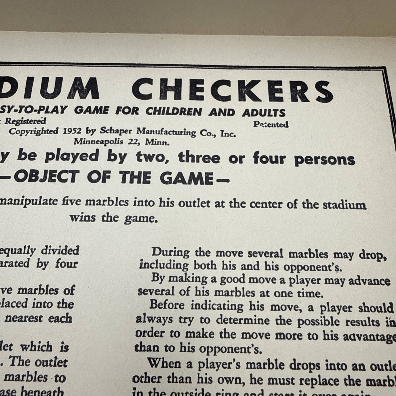 Vtg 1952 Stadium Checkers Board Game W. H Schaper Mfg Co. Complete Orig. Box