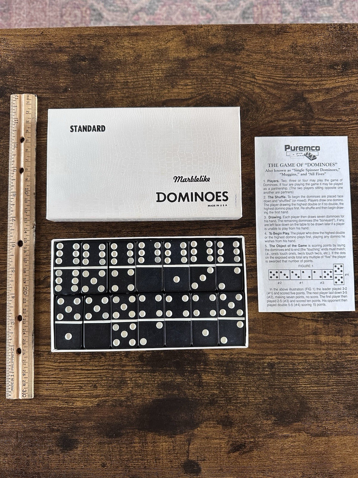 Vintage Set of Puremco No. 616 Standard Marblelike Dominoes Black