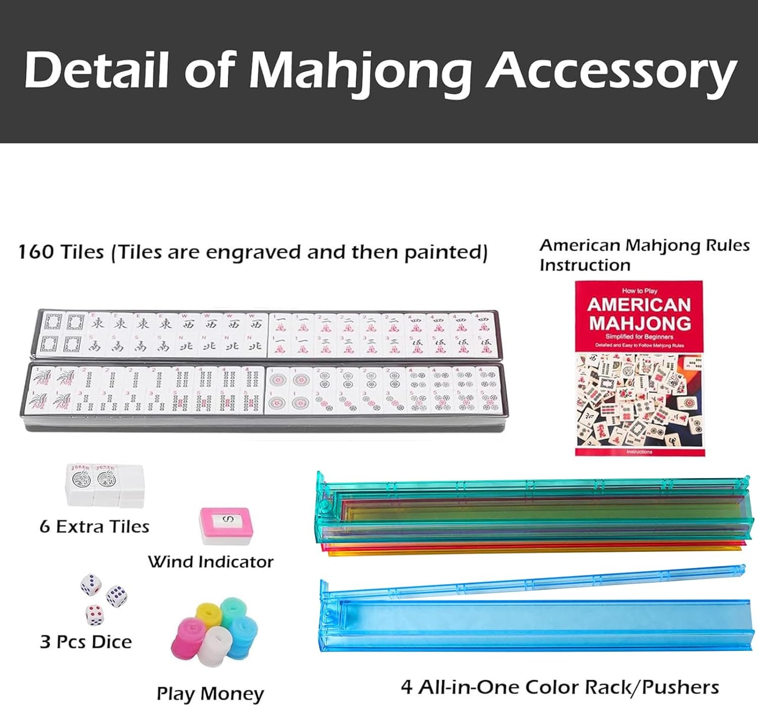 166 Blue American Printed Mahjong Game Set with Carrying Bag and Accessories, 1.