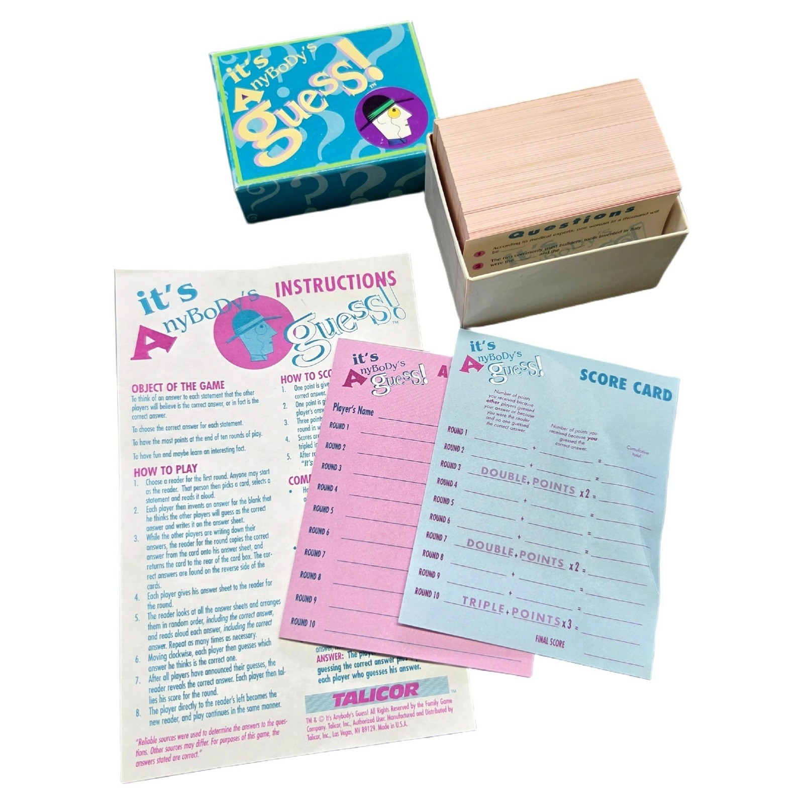Talicor It’s AnyBody’s Guess Vintage Board Game Trivia 1990s UPC 023151018007 VT
