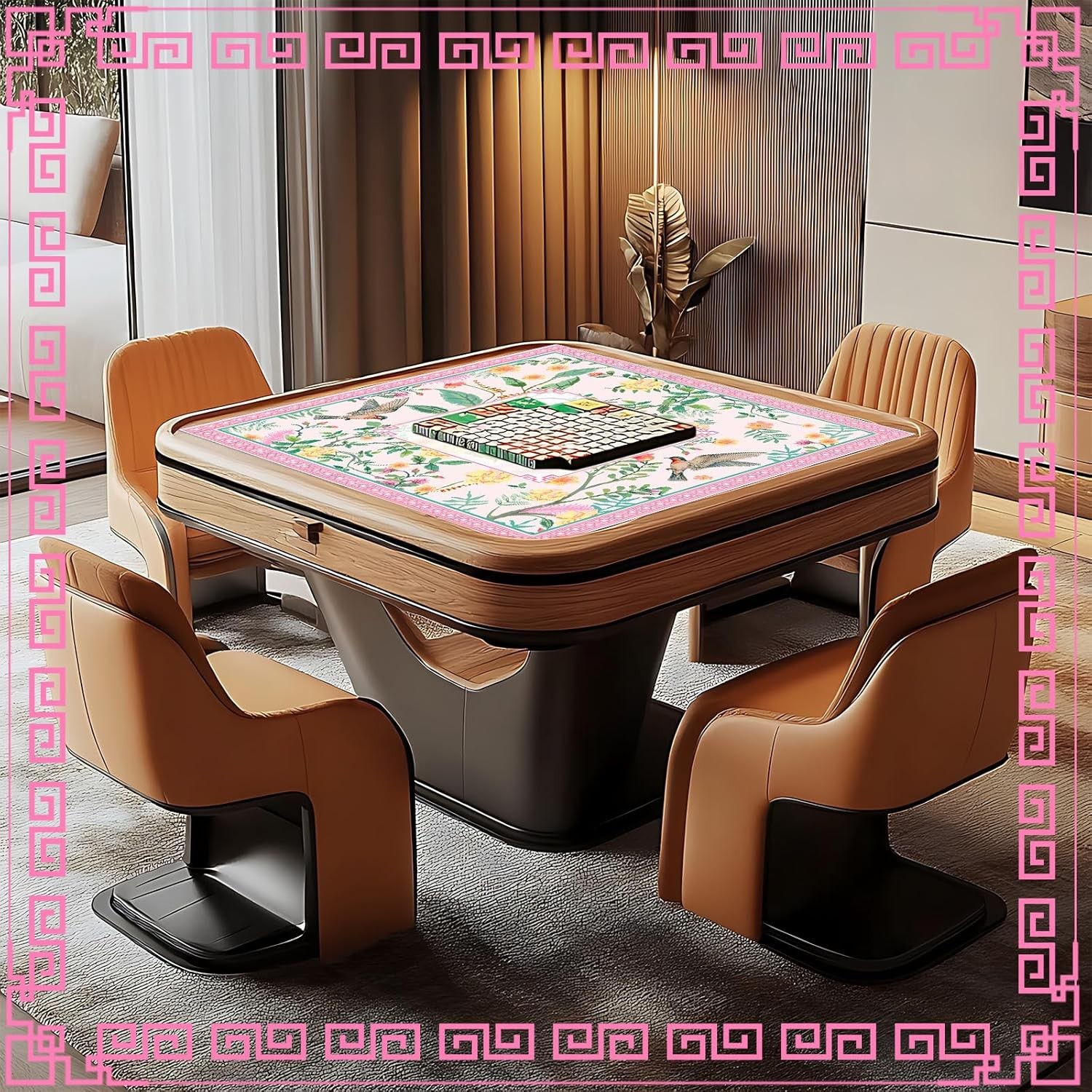 FYSUIMUC Pink Bird Floral Mahjong Mat W/ Carrying Bag 31.5″ x 31.5″ Table Mat