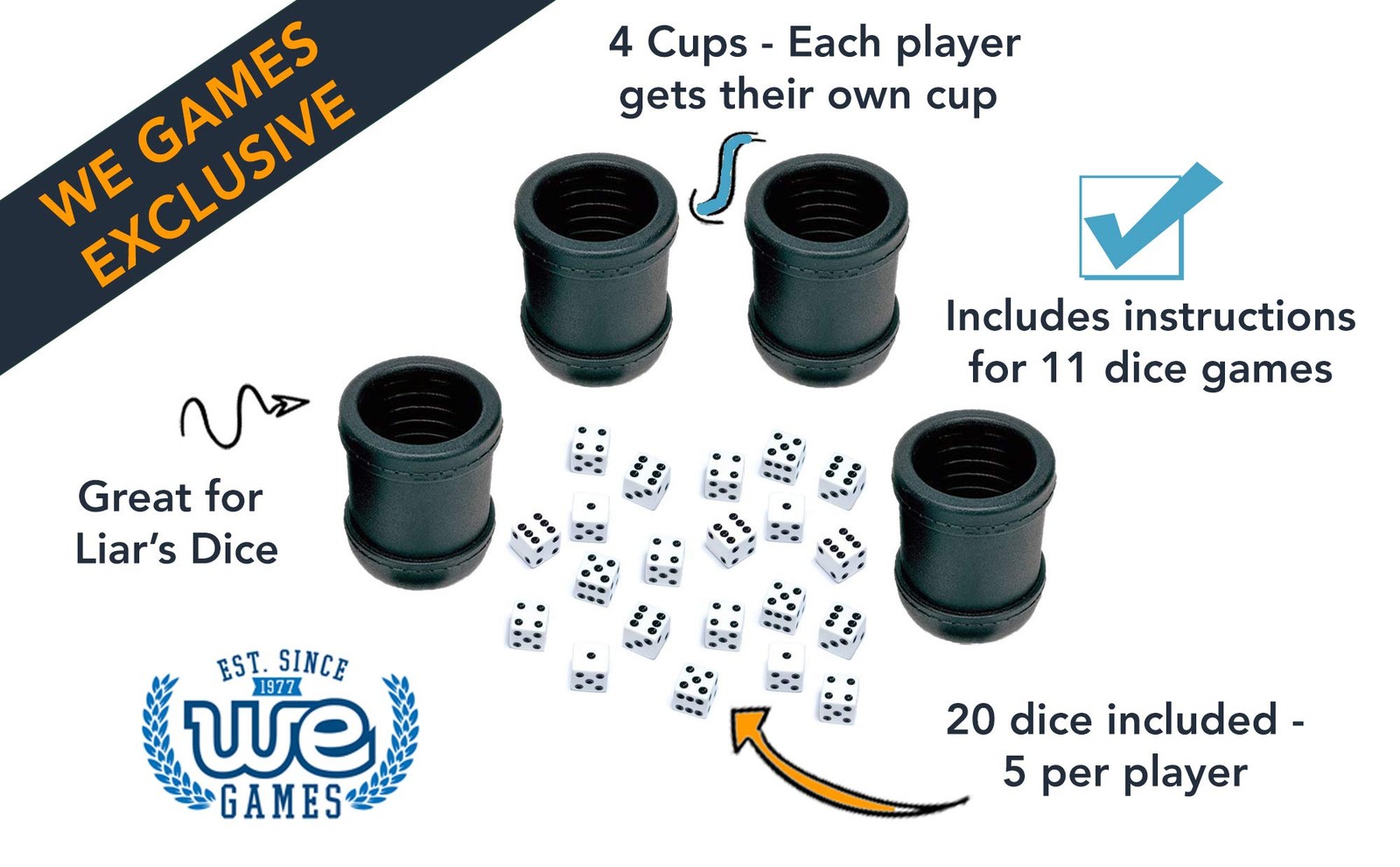 WE Games 4 Plastic Dice Cups, 20 Dice, Instructions for Liar’s Dice and 10 Games