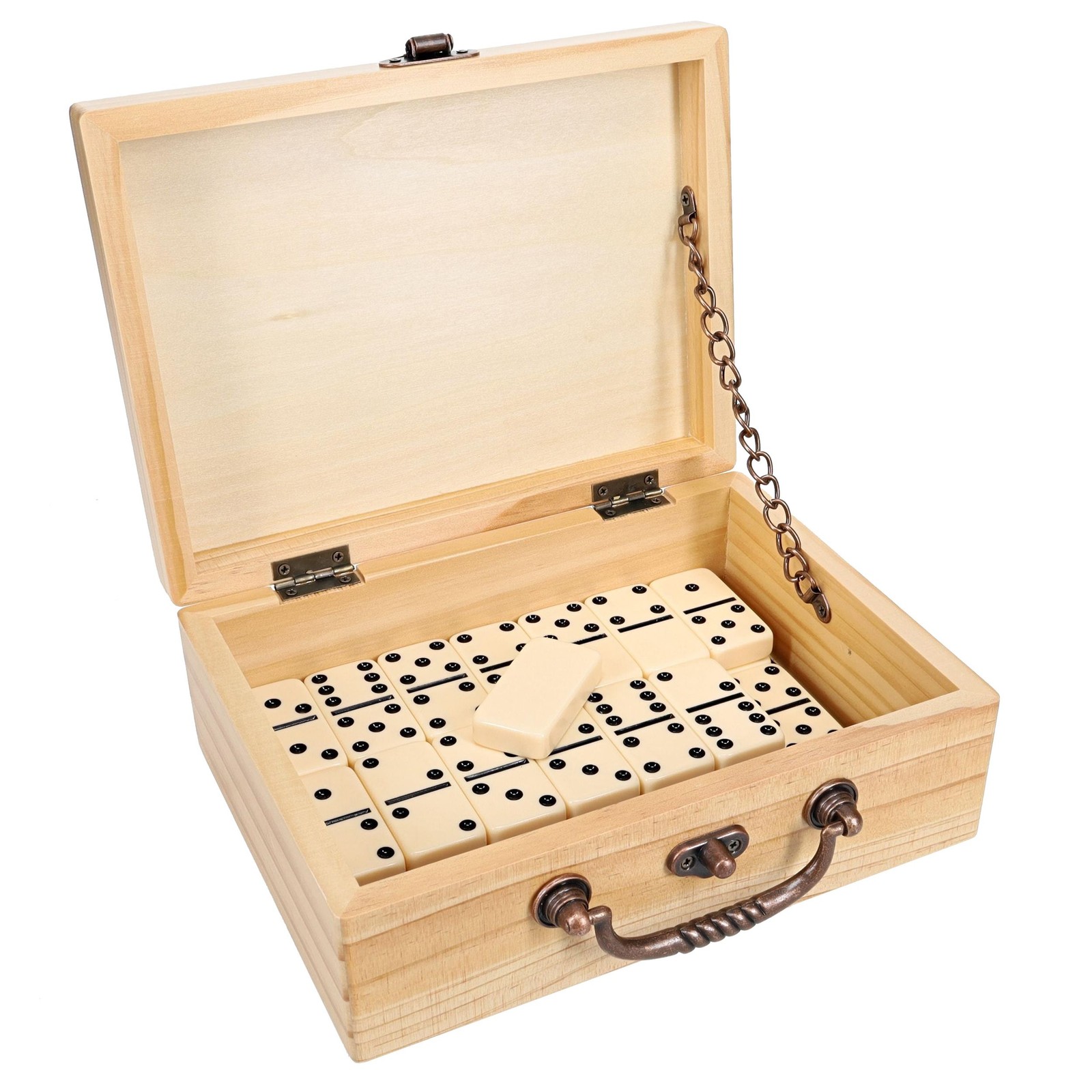 WE Games Double 6 Dominoes Ivory Color Tiles with Wooden Treasure Box