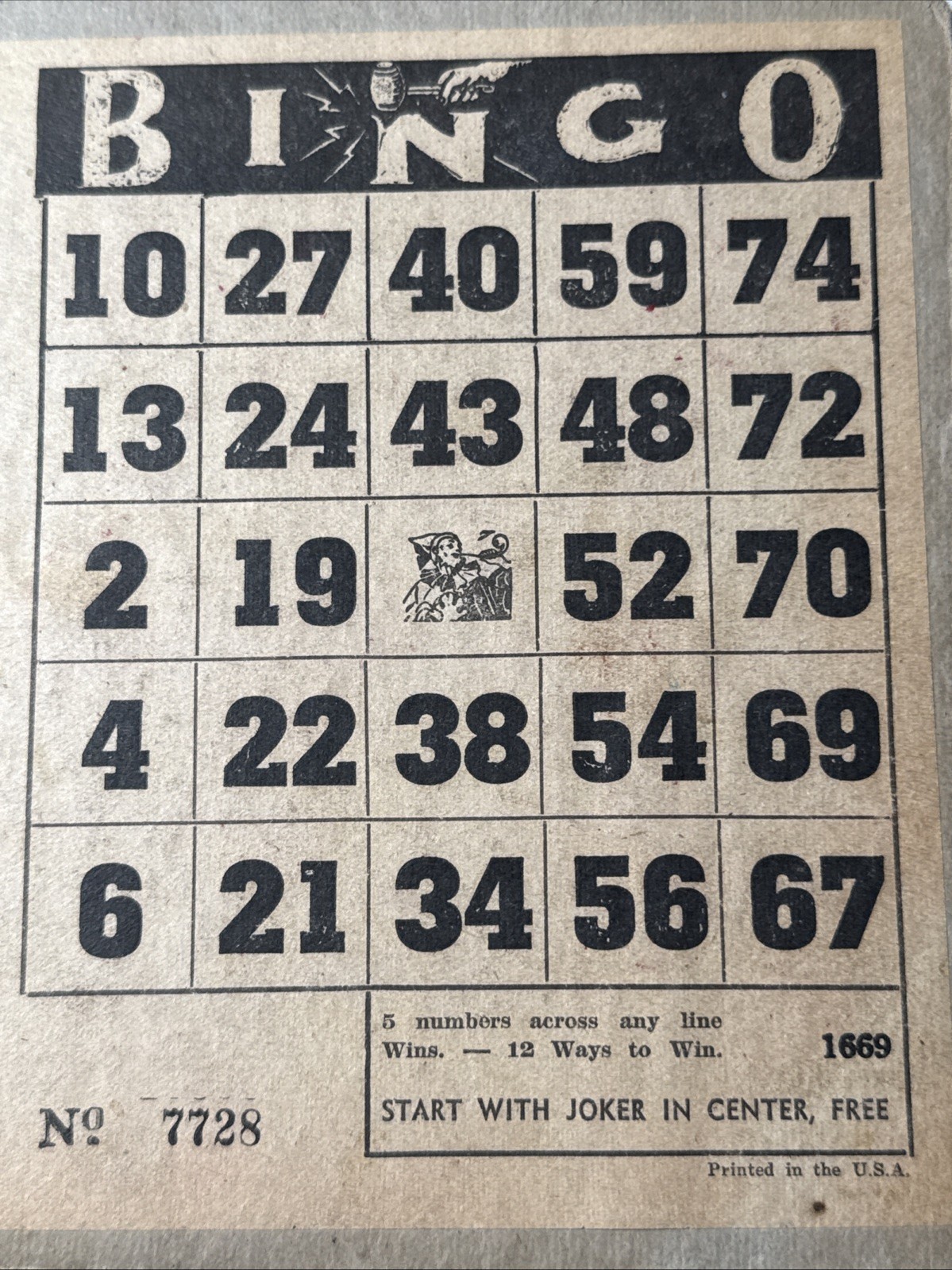 1930s Lg heavy Double BINGO Card Vtg Joker Center USA 12 Ways to Win