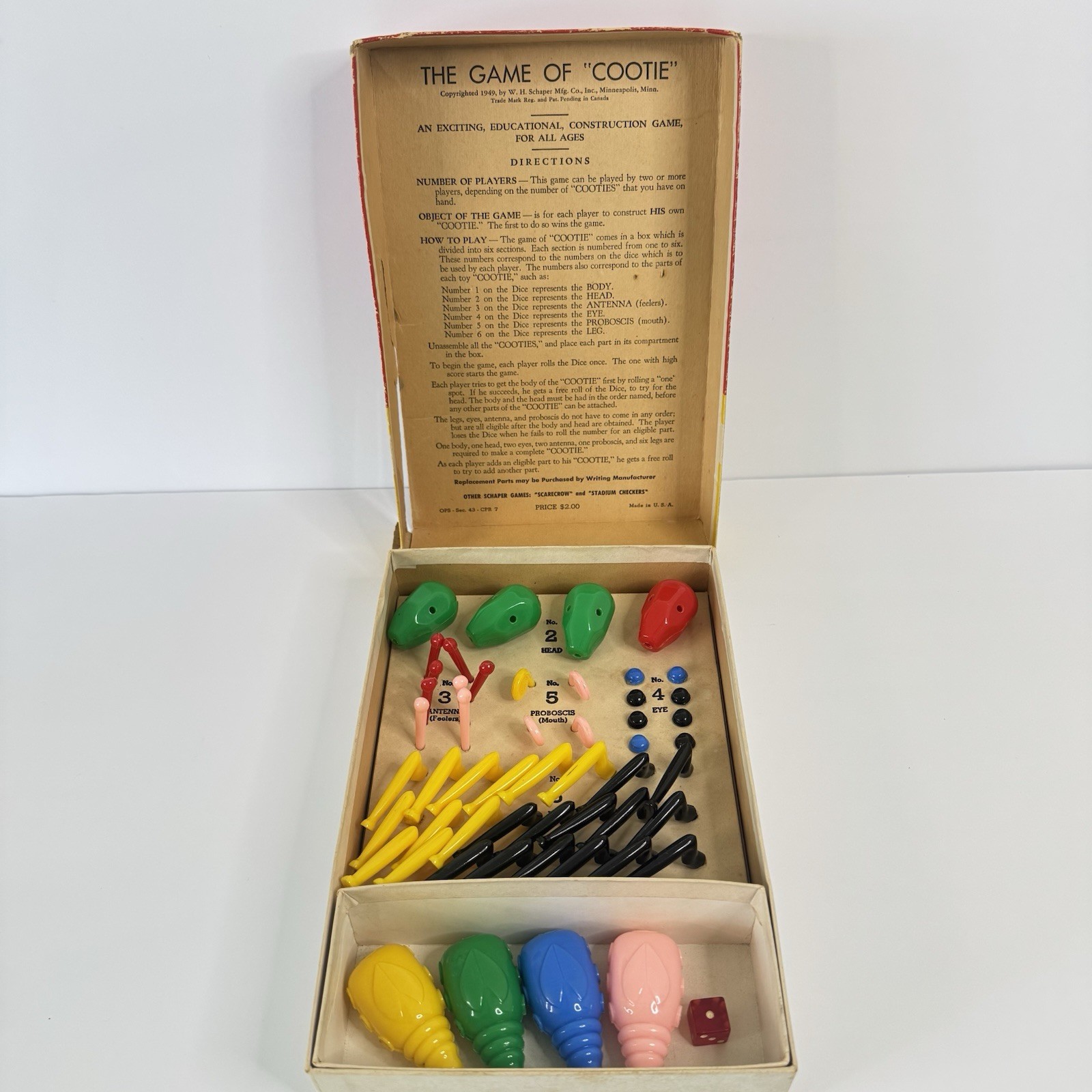Vintage Bug Game: “Cootie” 1949 Original Box W.H. Schaper MFG. Complete.