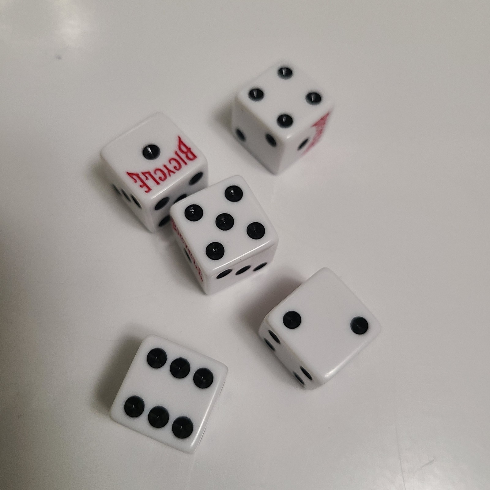 5 Bicycle Branded 6 Sided Dice 16mm Standard Size White Plastic Black Pips
