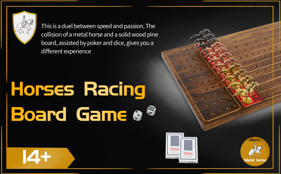 Horse Race Board Game, Thickened Solid Wood with 11 Durable Classic Metal Horses