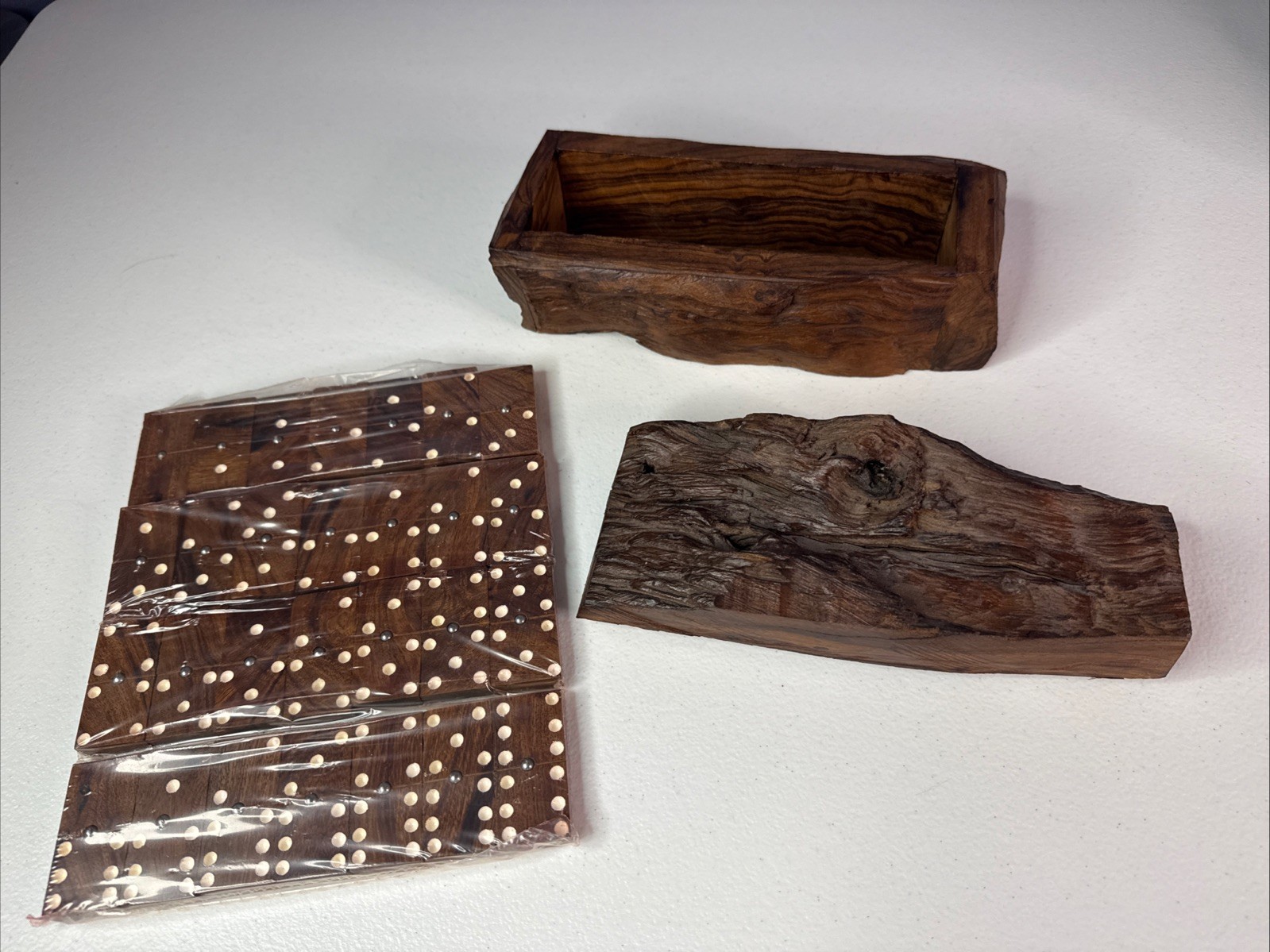 Wooden Domino Dominoes Set In Wood Box Natural New Log Vintage Rare