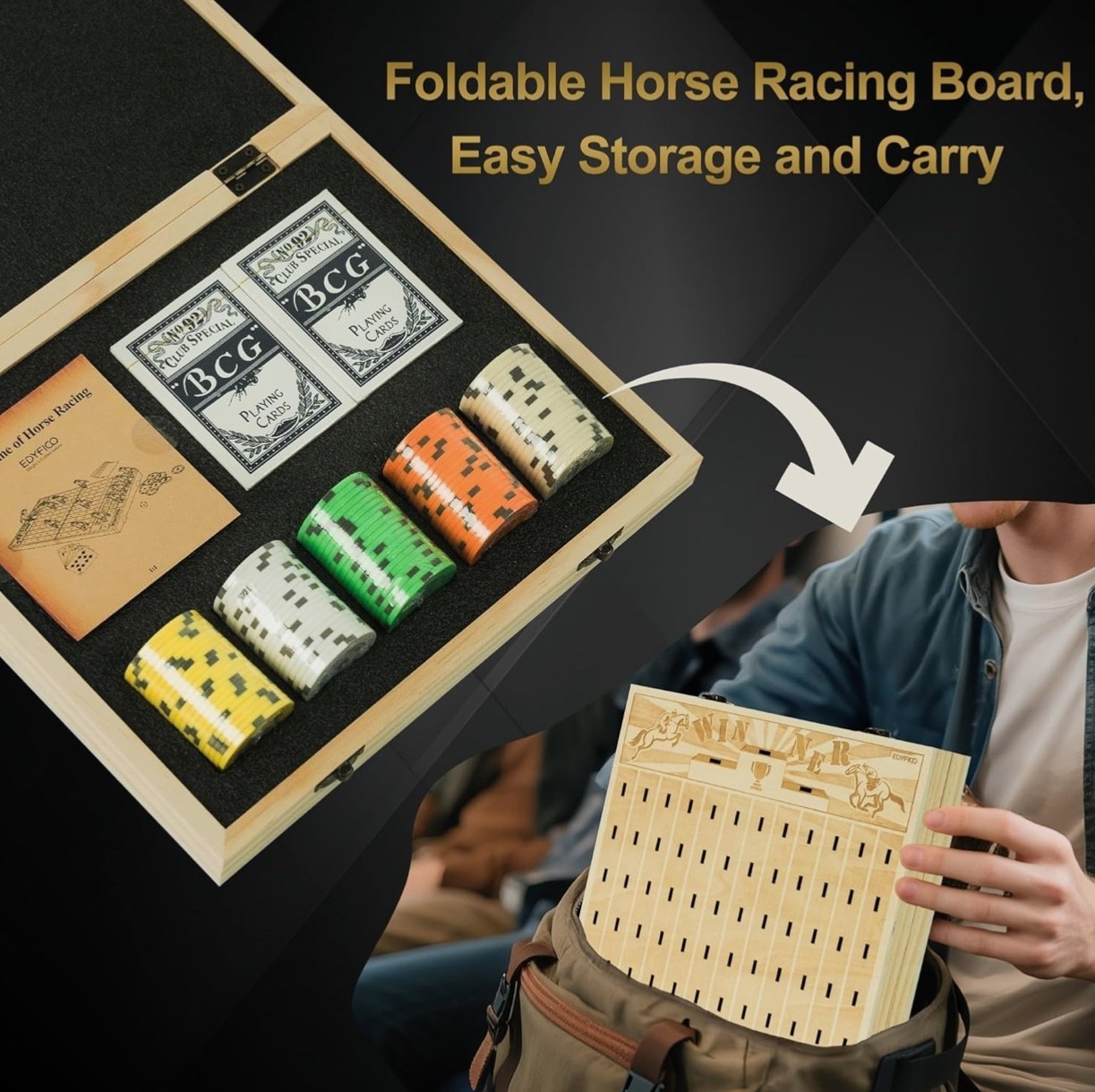 Wood Horse Racing Board Game-Foldable-Portable-Includes: Horses-Cards-Chips-Dice