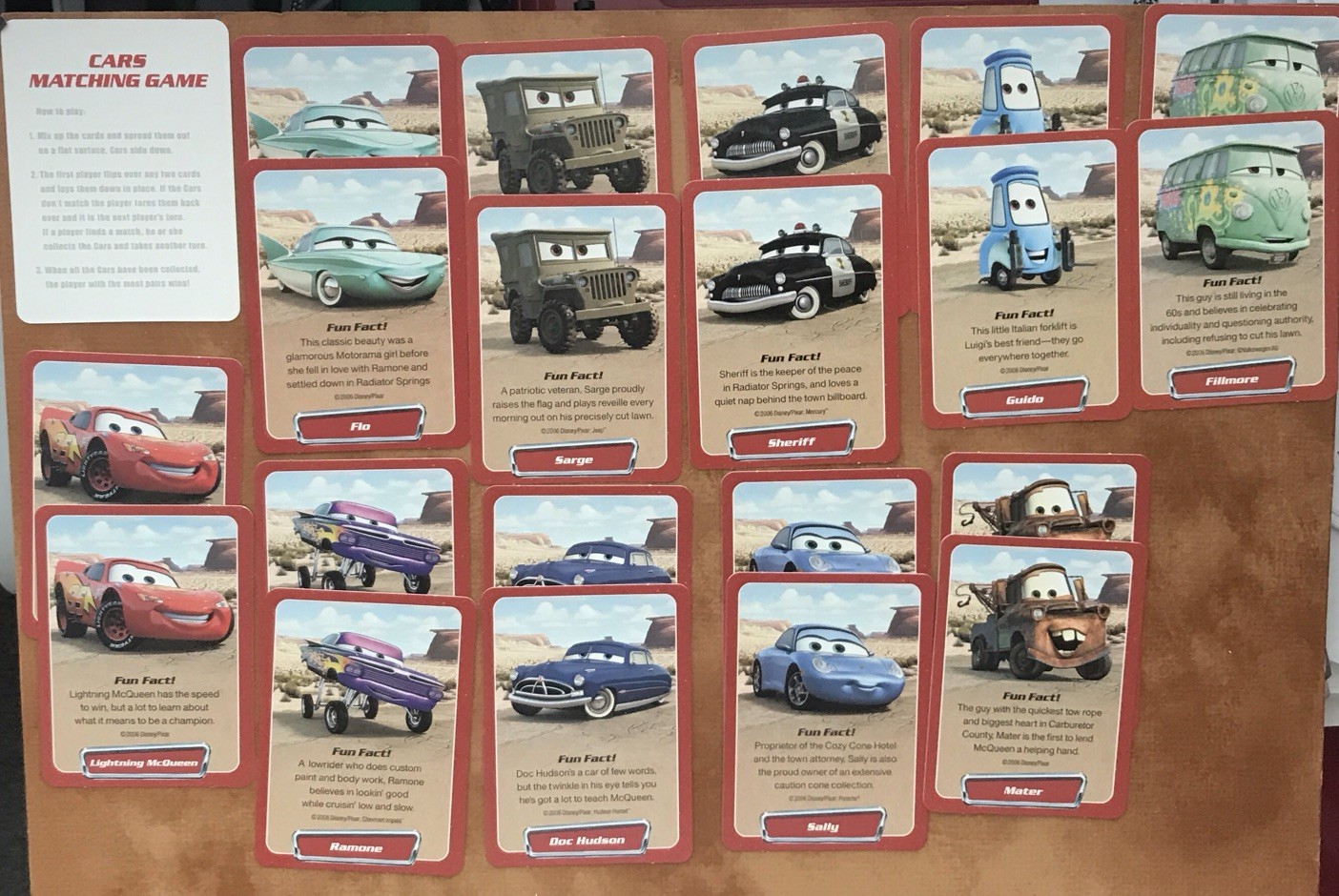 Disney Pixar Cars Memory Match Game (20) Cards MINT